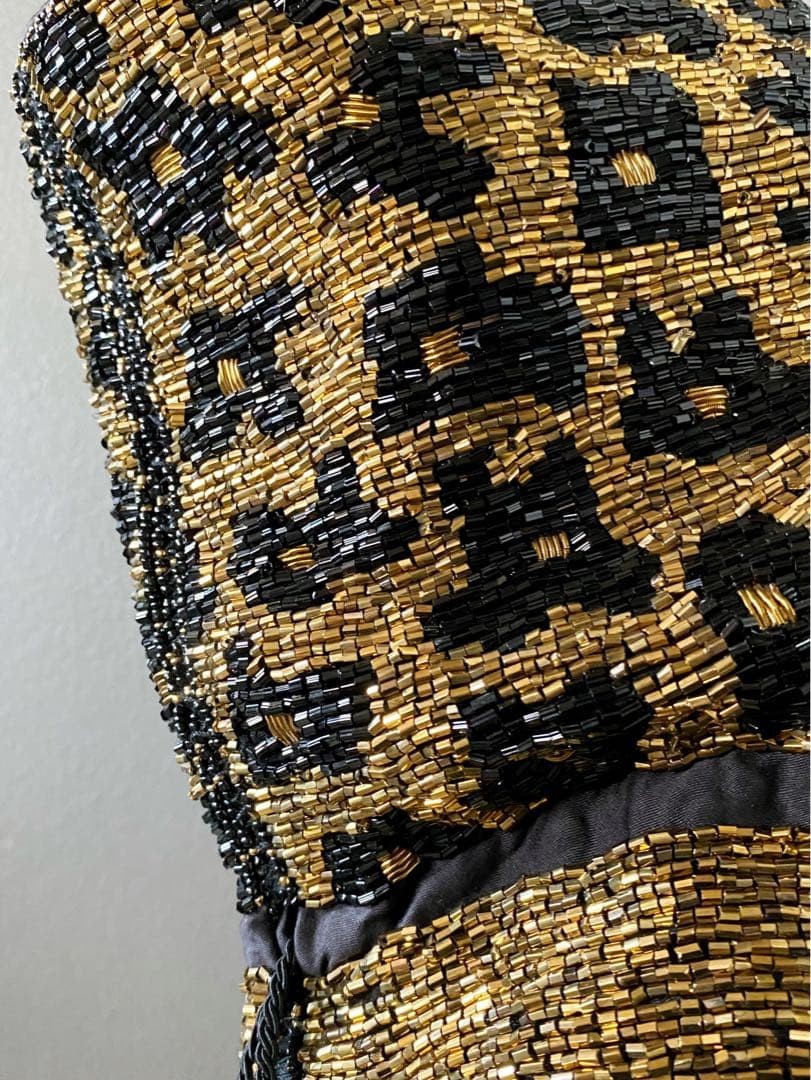 Vintage Leopard Beaded Party Bag Gold Tone Crossbody with Chain and Drawstring