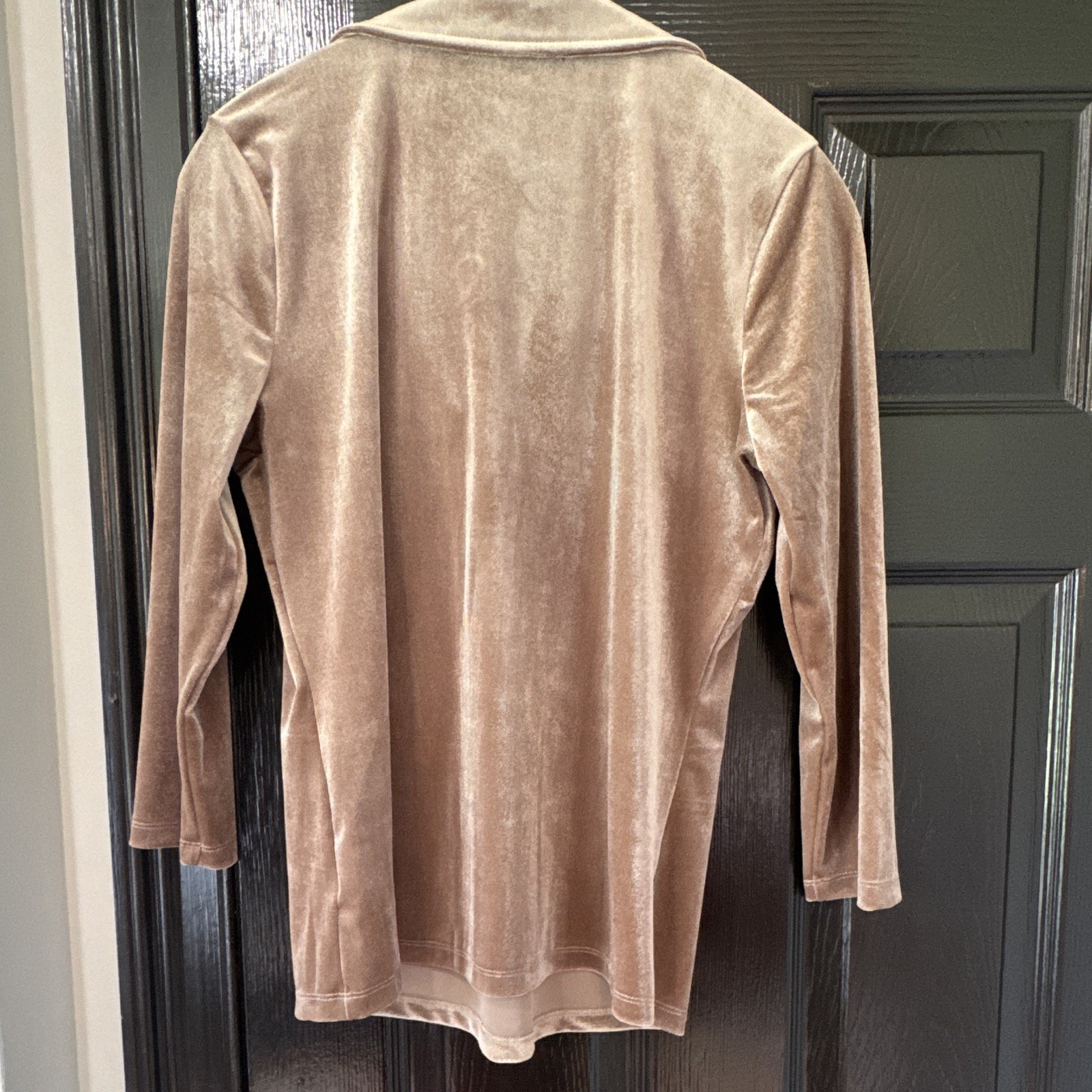 Boston Proper Beige Velvet Solid Collared 3/4 Sleeve Stretch Pullover Top M