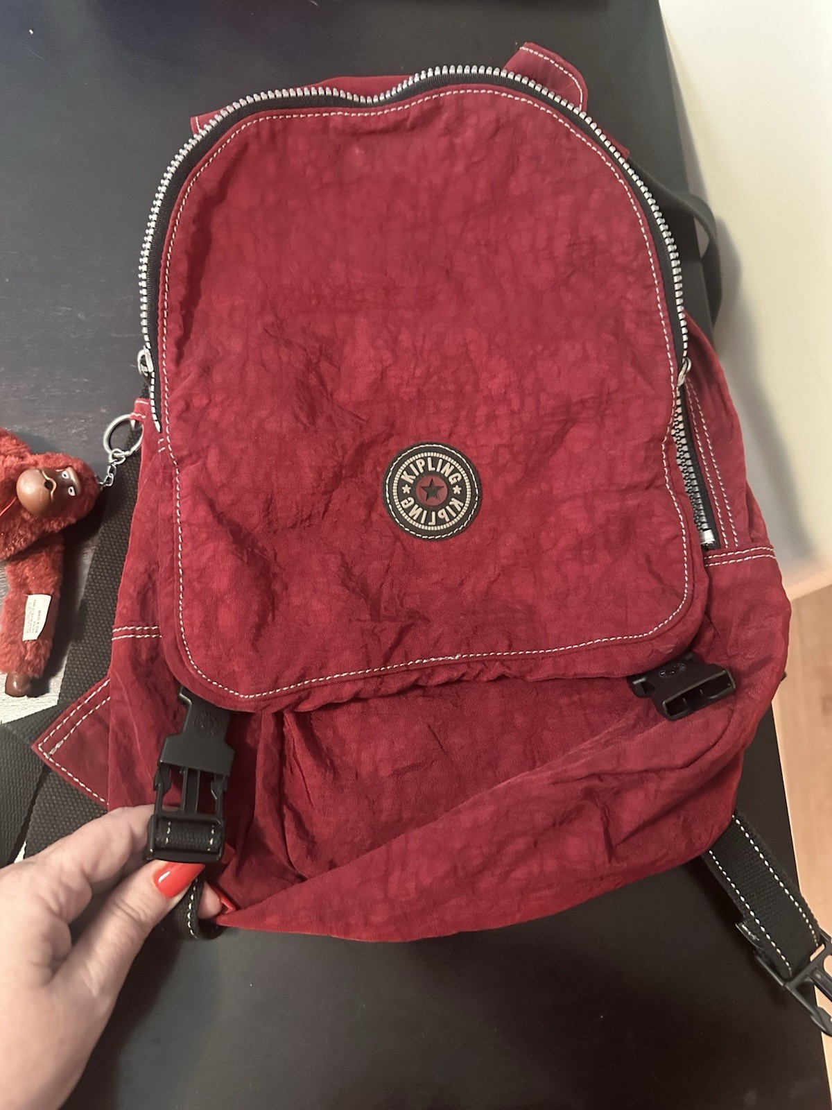 Kipling maroon Red Small Backpack Zip Closurea Adjustable Strap Monkey Keychain