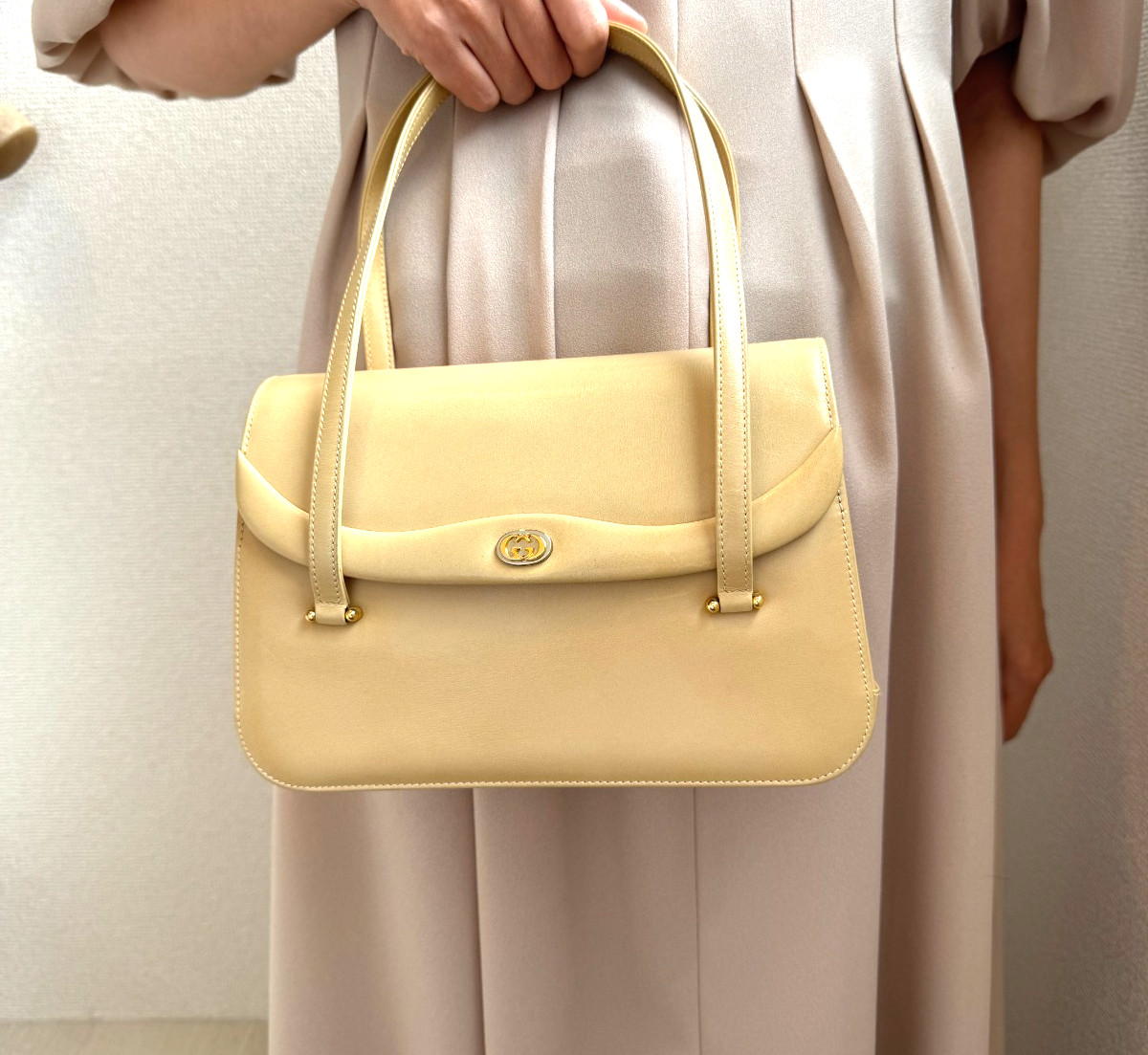 Vintage Gucci Interlocking Hand Bag Leather Beige White Auth