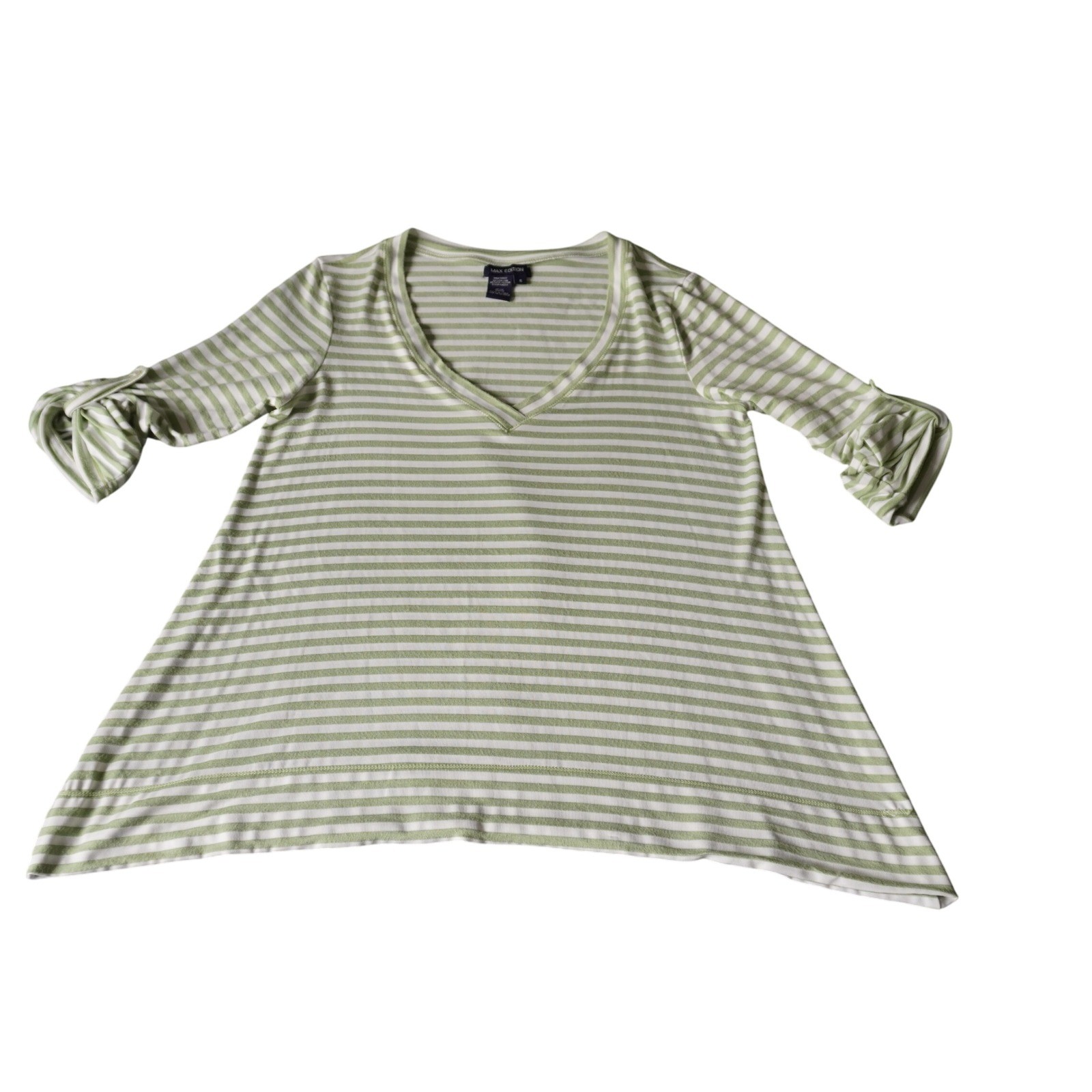 Max Edition Striped V Neck Tunic Top Womens Small Green White Ruched Sleeve