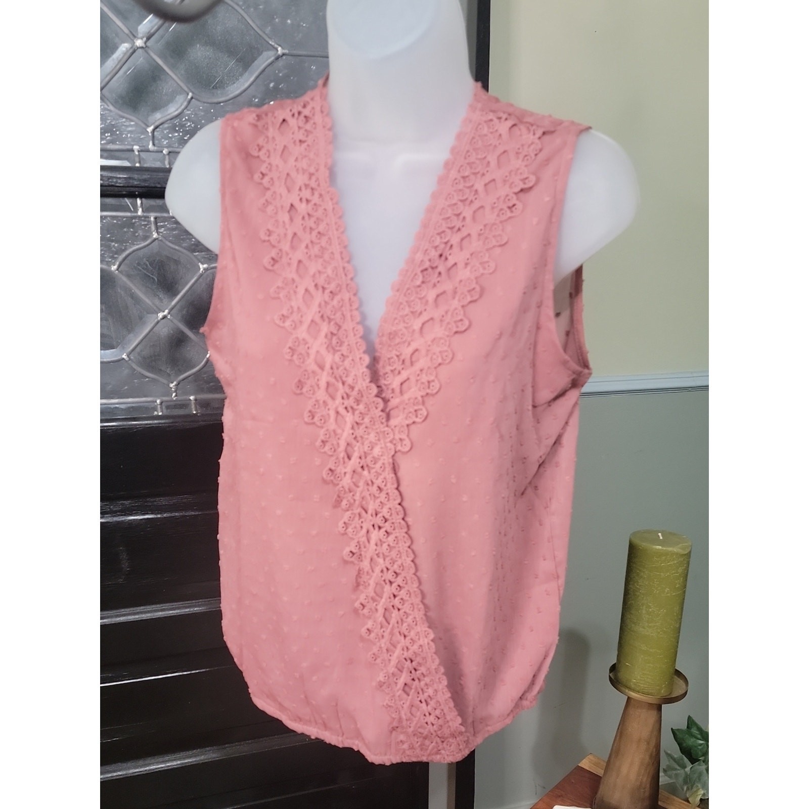 Miss Sparkling Pink Sheer Swiss Dot Lace Wrap Blouse Size S NWOT Sleeveless