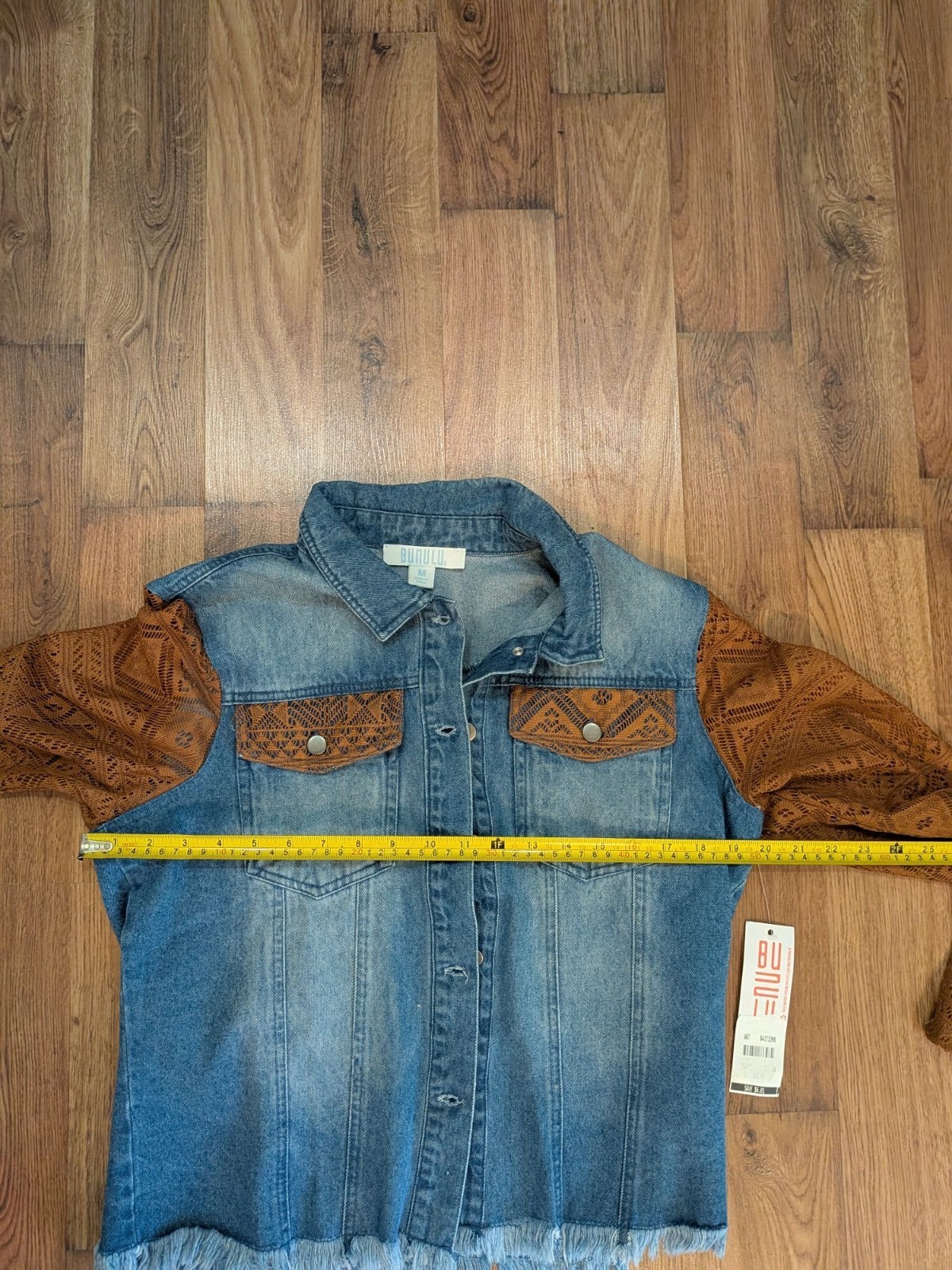 Bunulu Distress Denim Jacket Like Shirt Lace Sleeves Frayed Hem Sz. M New w/Tags