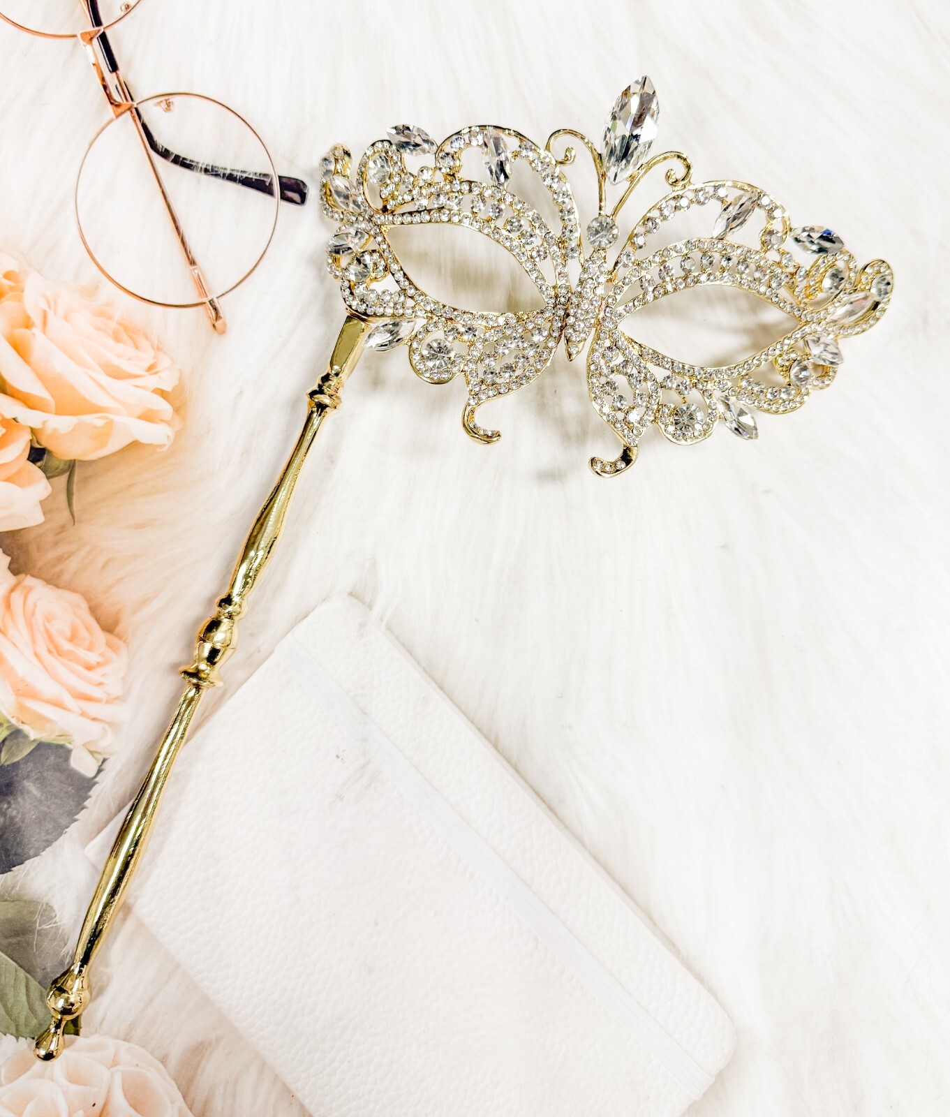 Crystal Mask with Stick, Prom Mask, Masquerade Ball Mask, Met Gala Gold Mask