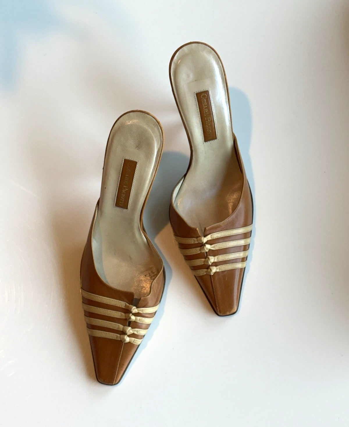 Cesare Paciotti Brown/Beige Leather Pointed Toe Mule Slip-On Heels EU 36