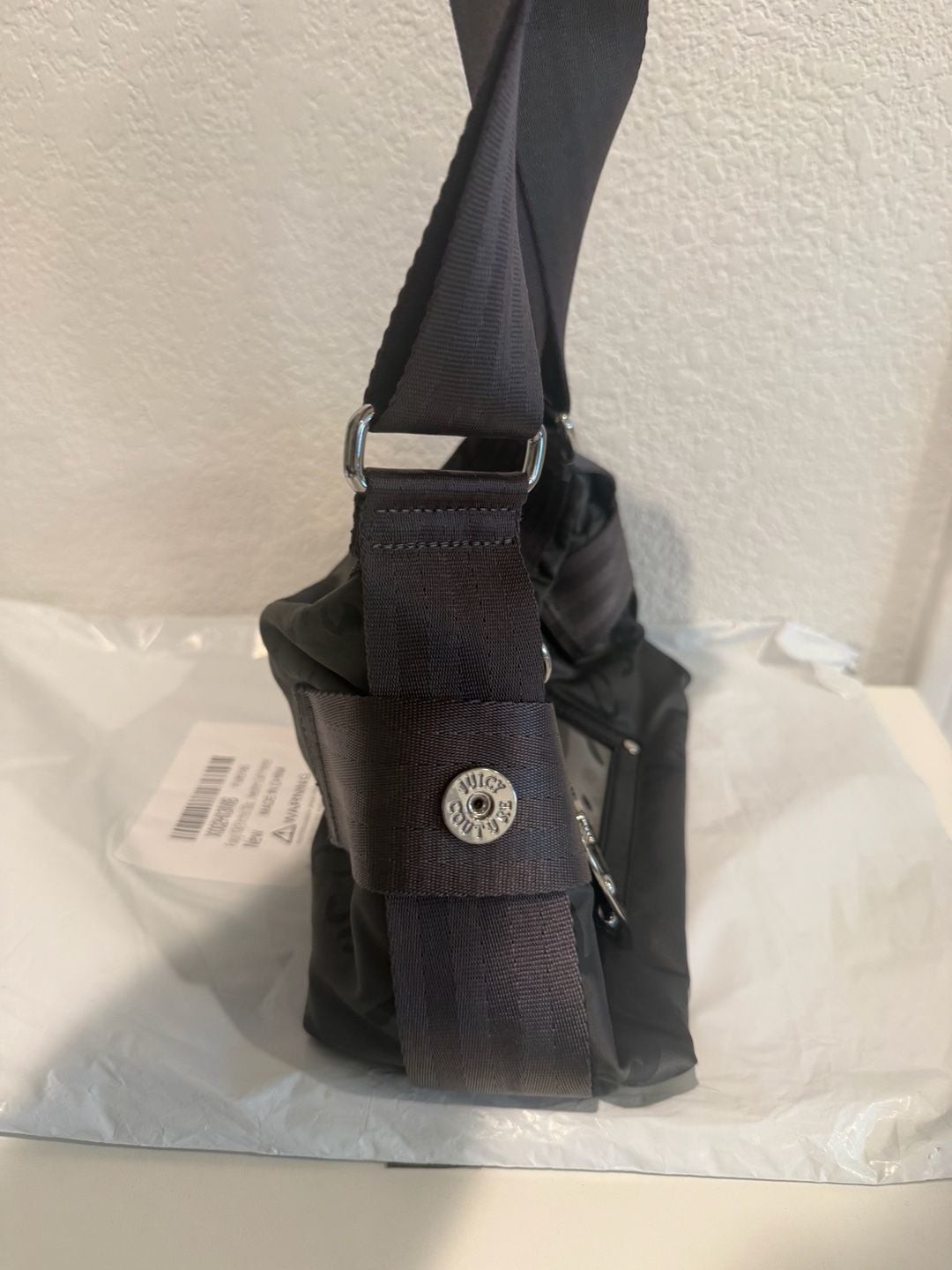 Juicy Couture Black Nylon Script Logo Hobo Bag with Heart Charm