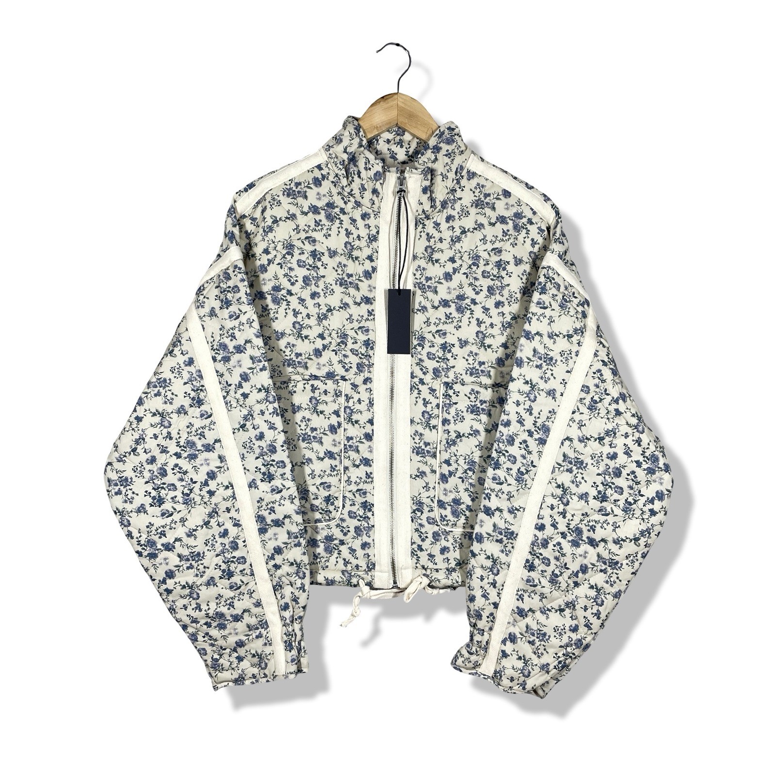 BLANKNYC Quilted Jacket Women Large Cream Blue Floral Cottagecore Boho New