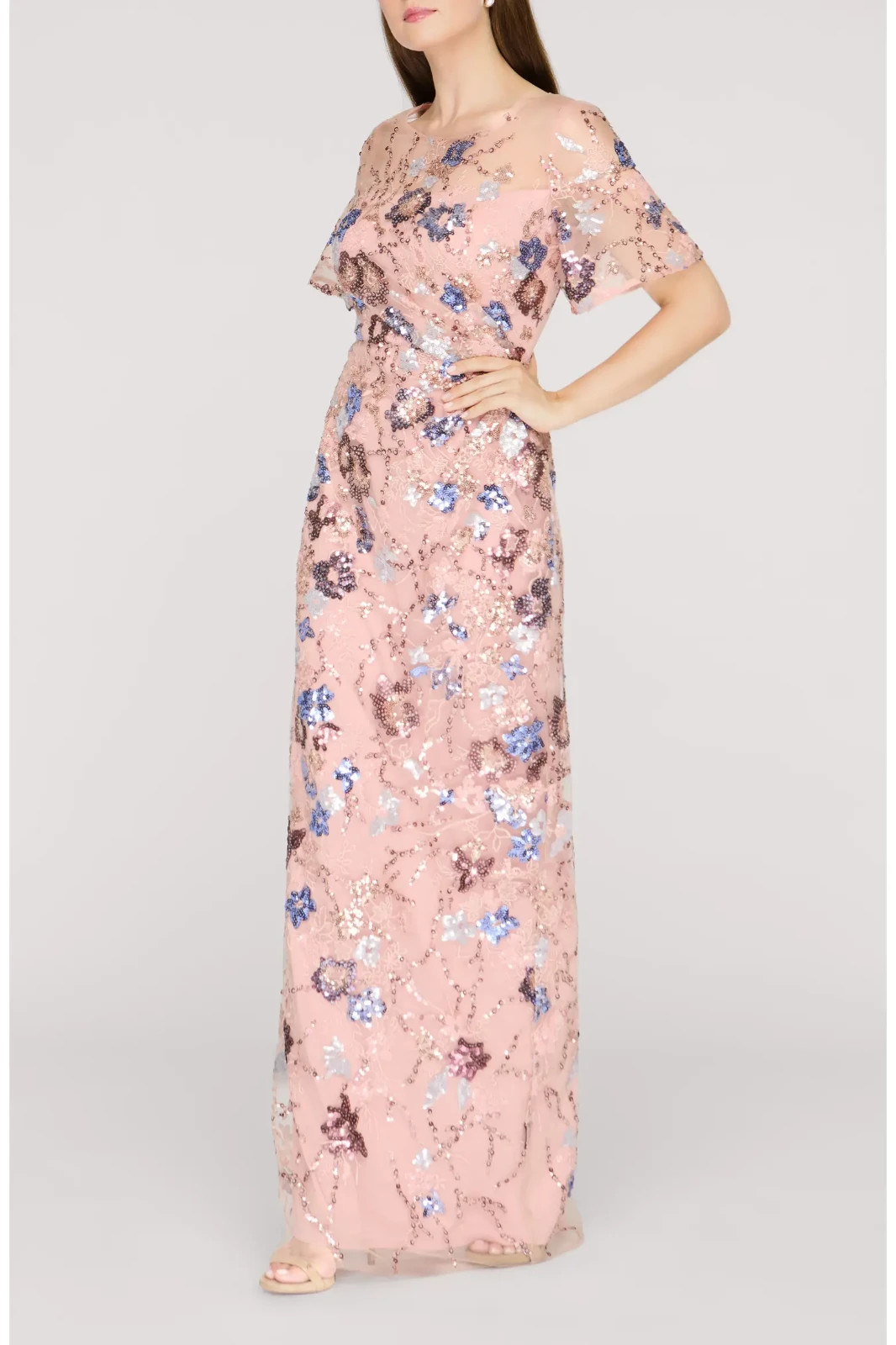 New J.S.Collection Alisa Sequin Embellished Short Sleeve Column Gown Size 8