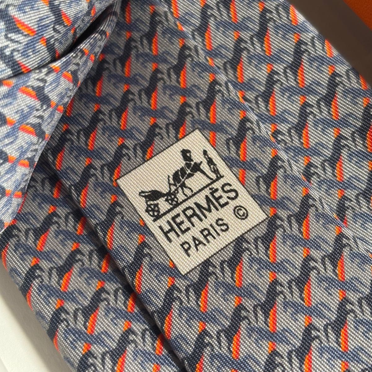 HERMES Tie High Quality Silk Gray Orange Horse Pattern 549084984