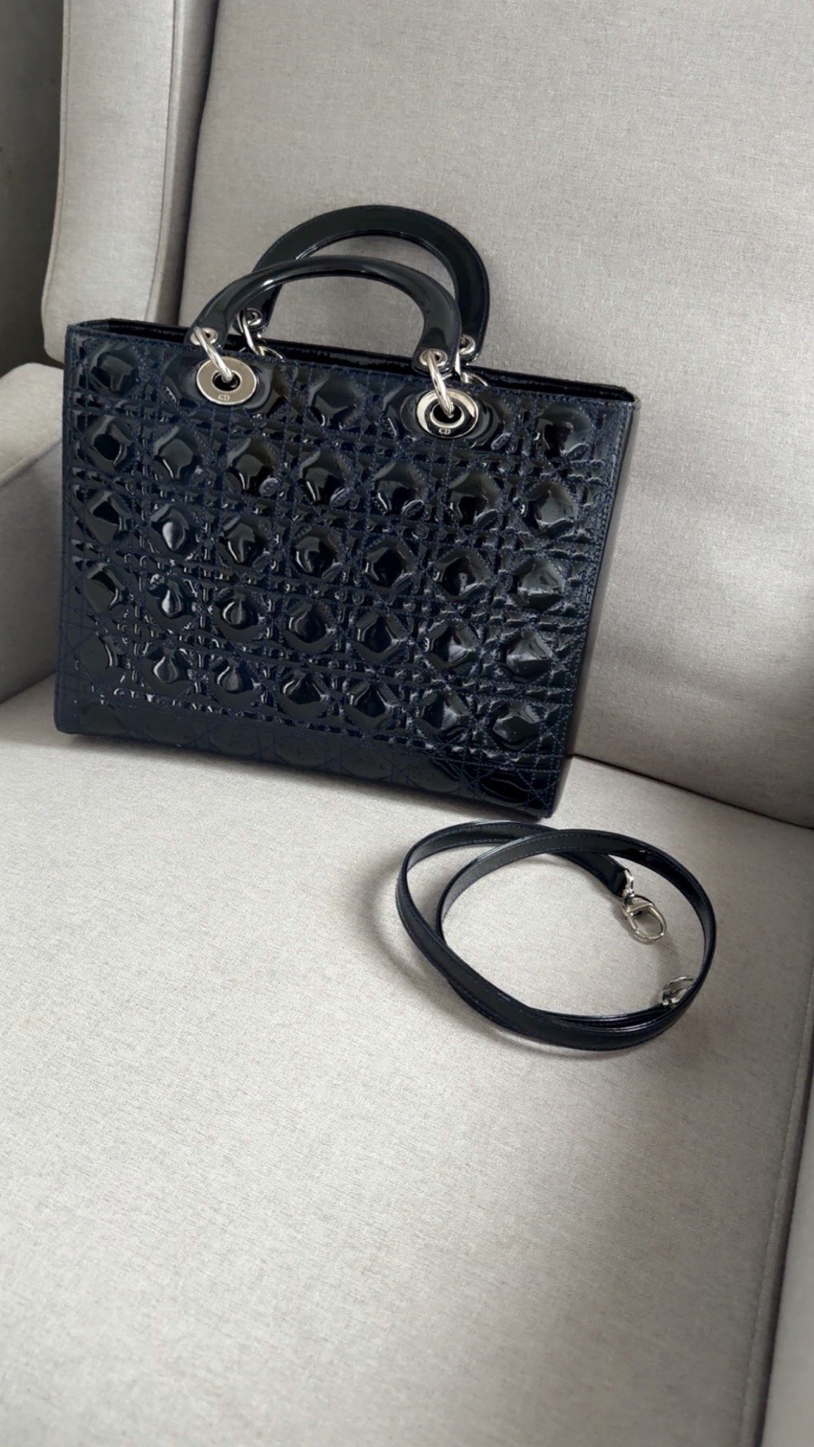 Dior navy blue Patent Lady Dior Satchel with Silver Hardware