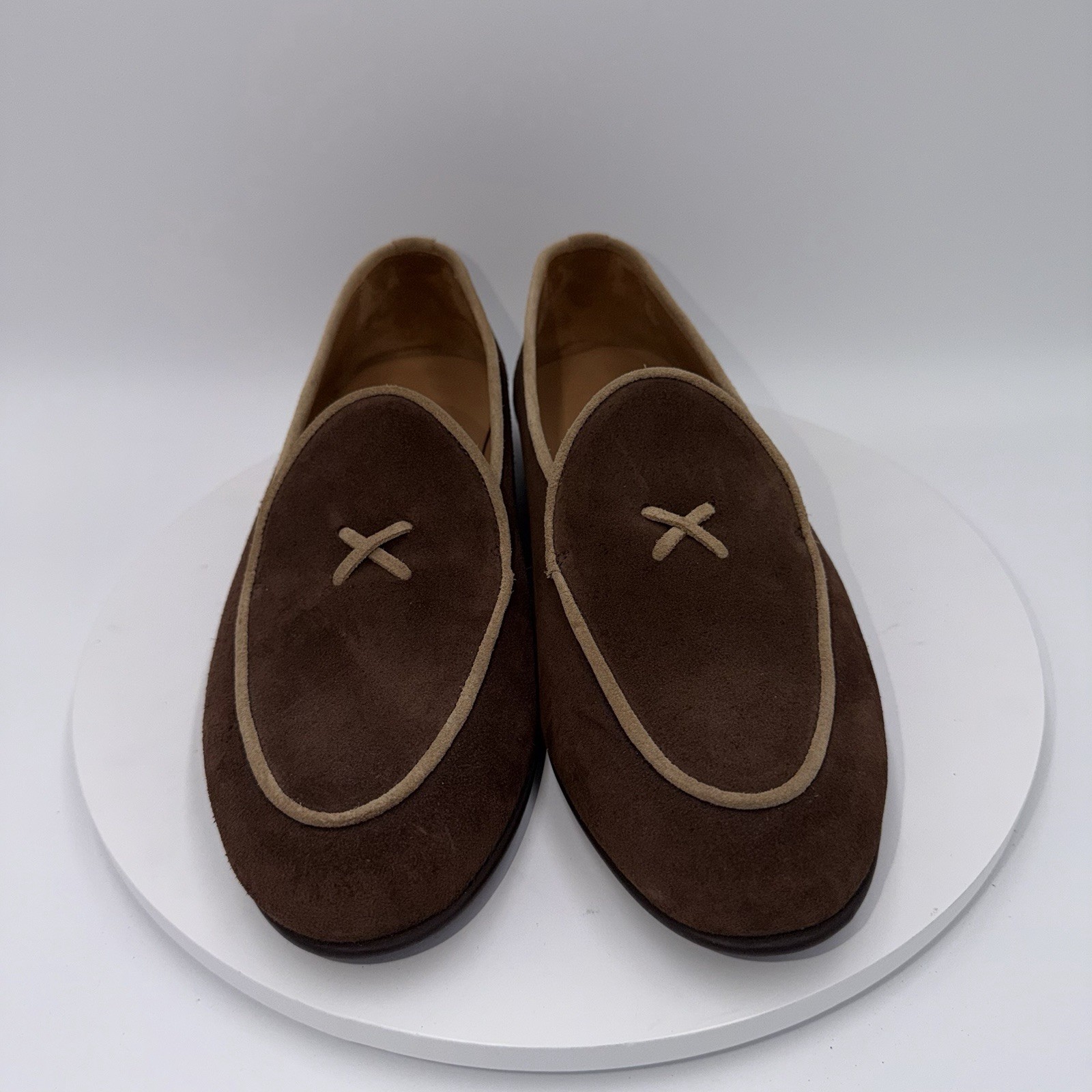 Del Toro Belgian loafers Brown Suede Mens Dress Shoes Almond Toe Leather Size 10