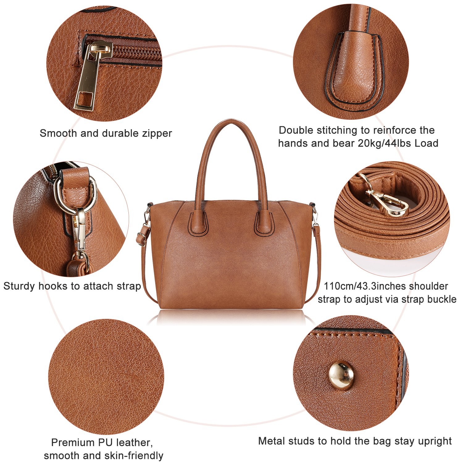 Caramel Brown‌ Handbag Shoulder Bag PU Leather Zipper Tote Bag Satchel for Women