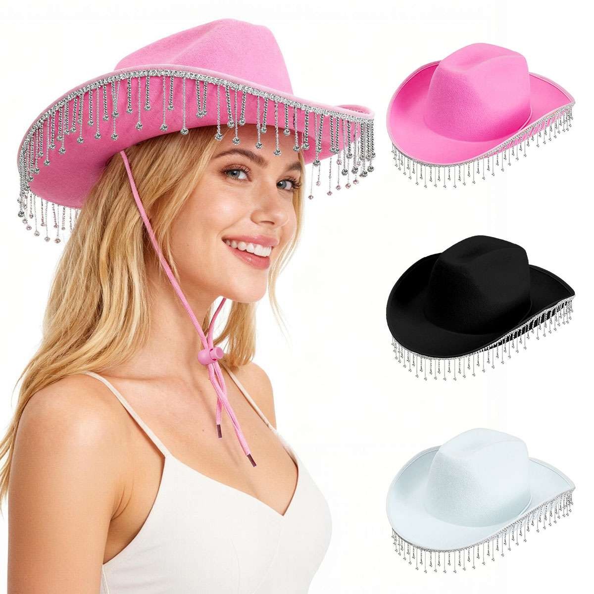 Women Western Glitter Rhinestone Tassel Decor Cowboy Hat Birthday Cowgirl Hat