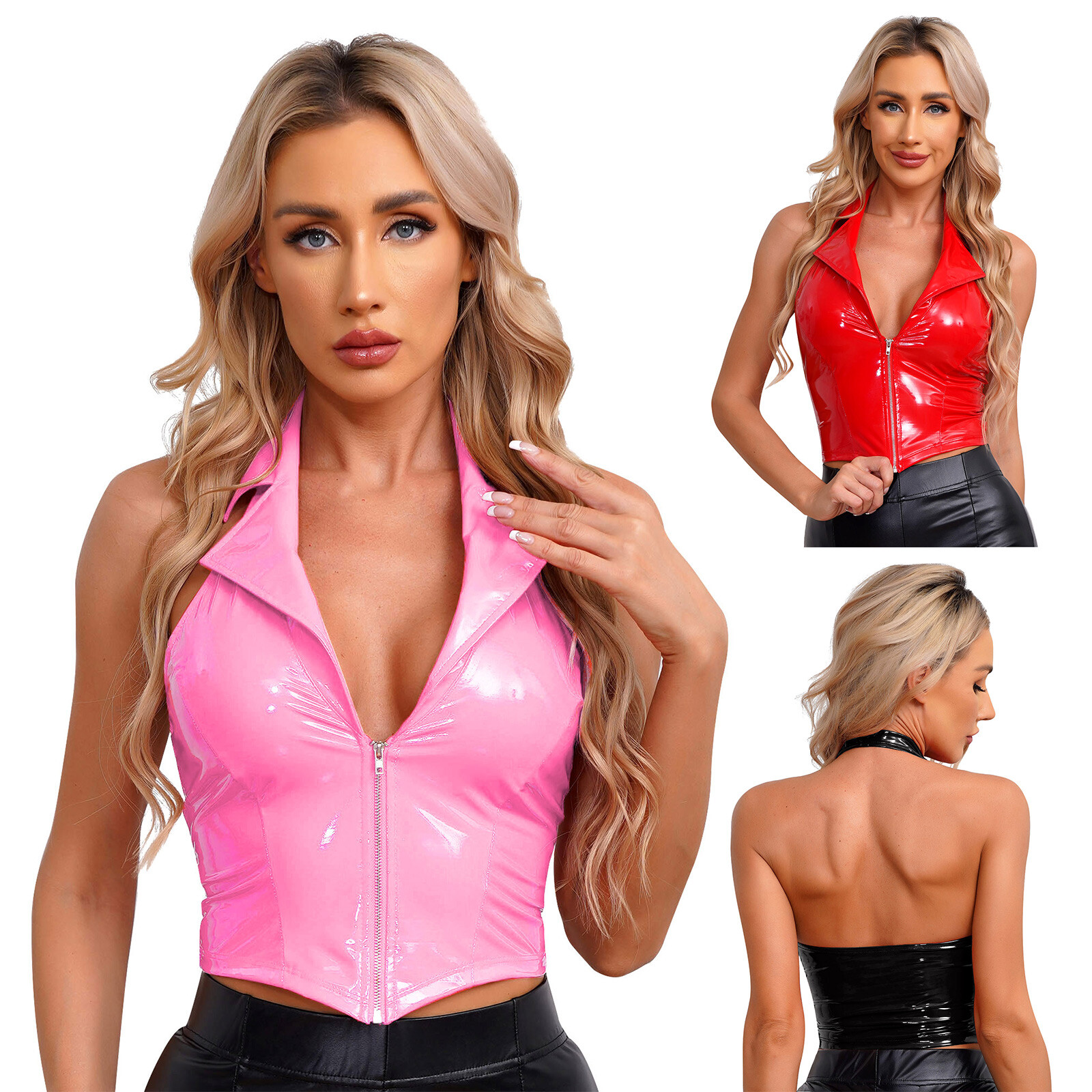 US Women’s Backless PVC Leather Crop Top Wet Look Vest Clubwear Party Clothes