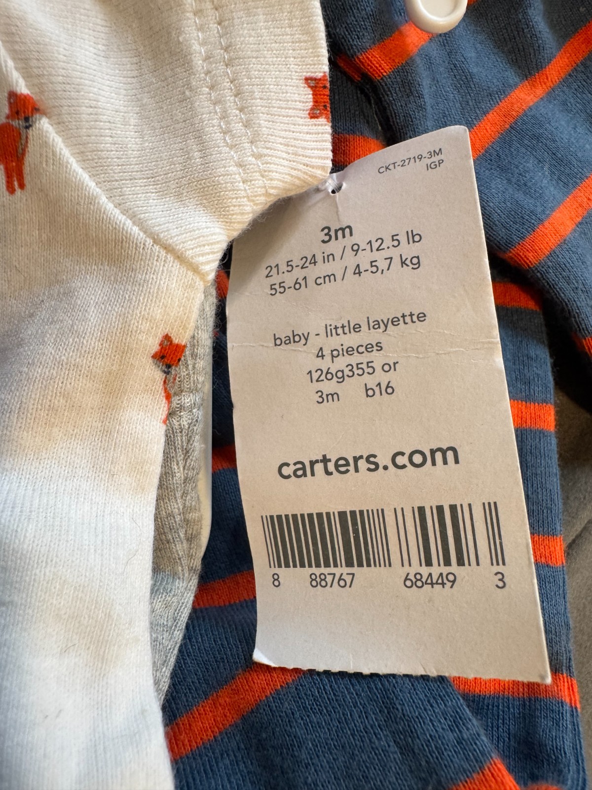 NWT Carters 3 Month Baby 4 Piece Set Pants Shirt Sleeper Hat Orange Blue Fox