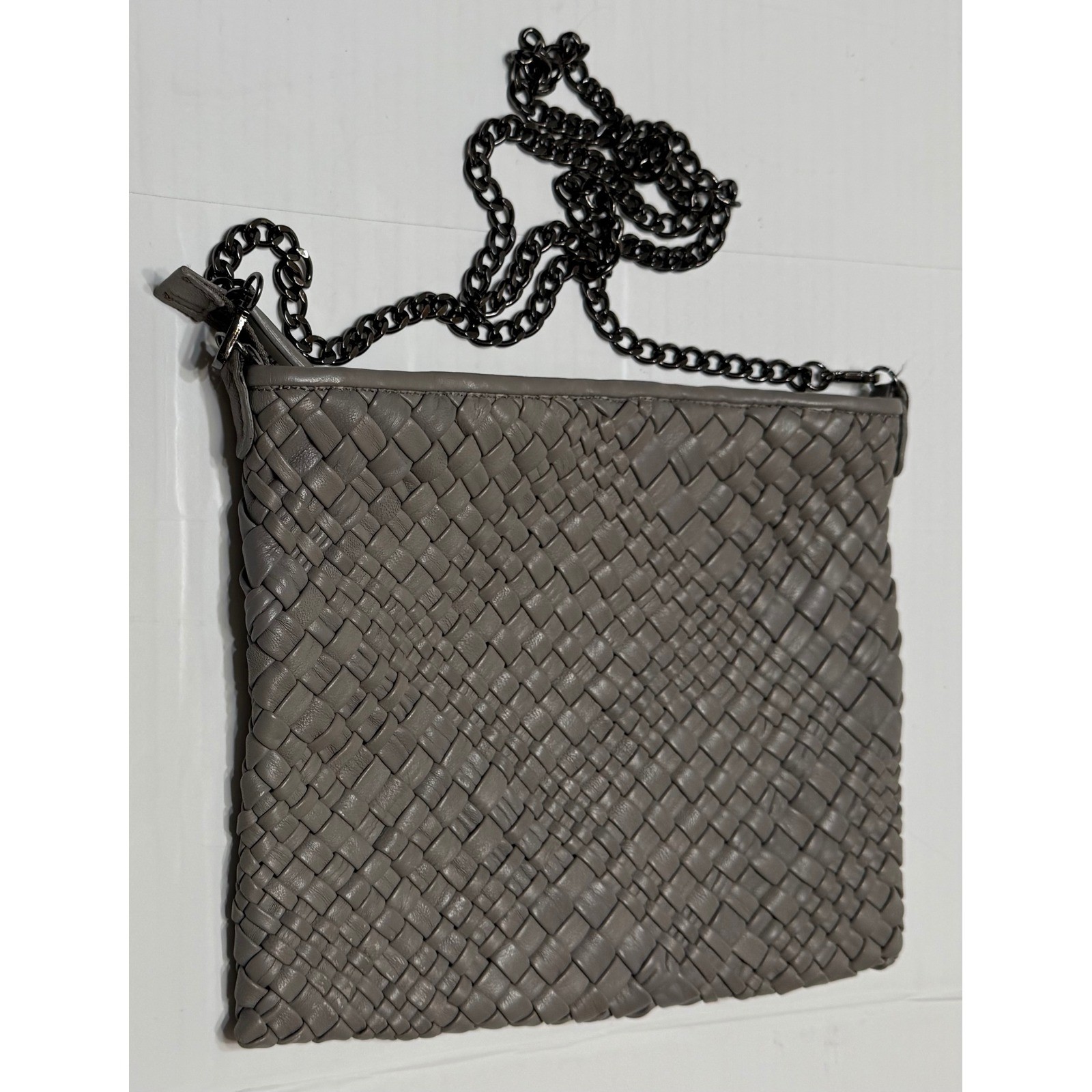 Falor Italia Woven Leather Crossbody Bag Grey Gunmetal Chain Made in Italy