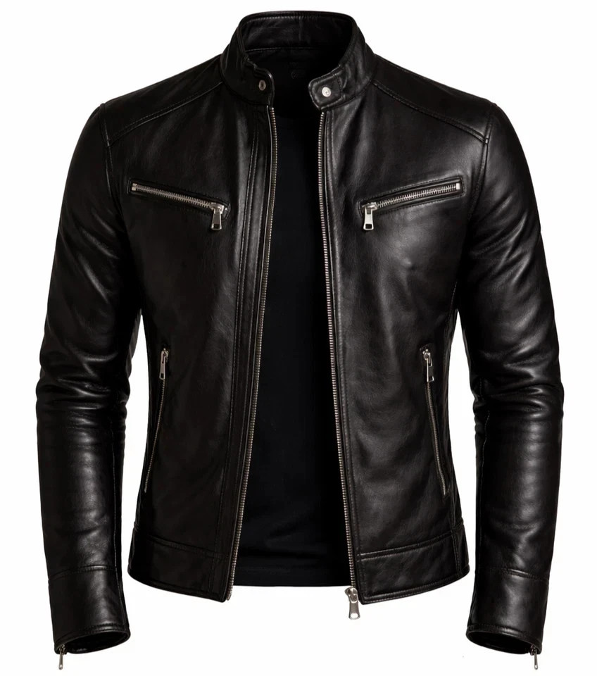 Men’s Black Genuine Leather Jacket Biker Slim Fit Zip Casual Jacket