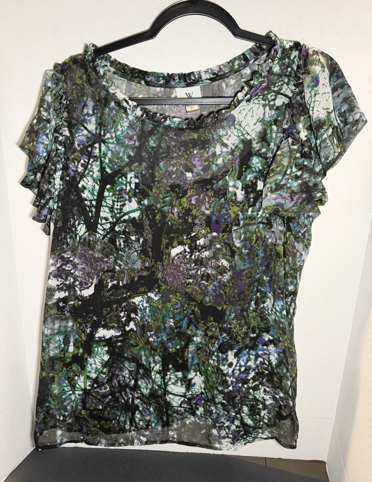 Worthington Women’s XL Multicolor Floral Ruffle Round Neck Short Sleeve Blouse