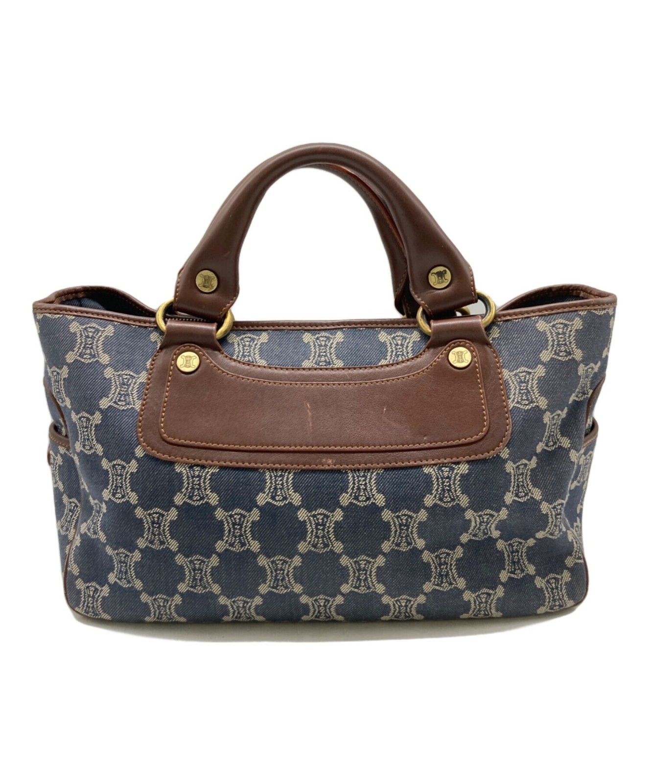 Auth CELINE Denim Boogie Tote Bag Handbag Navy Brown Leather Pockets Women’s