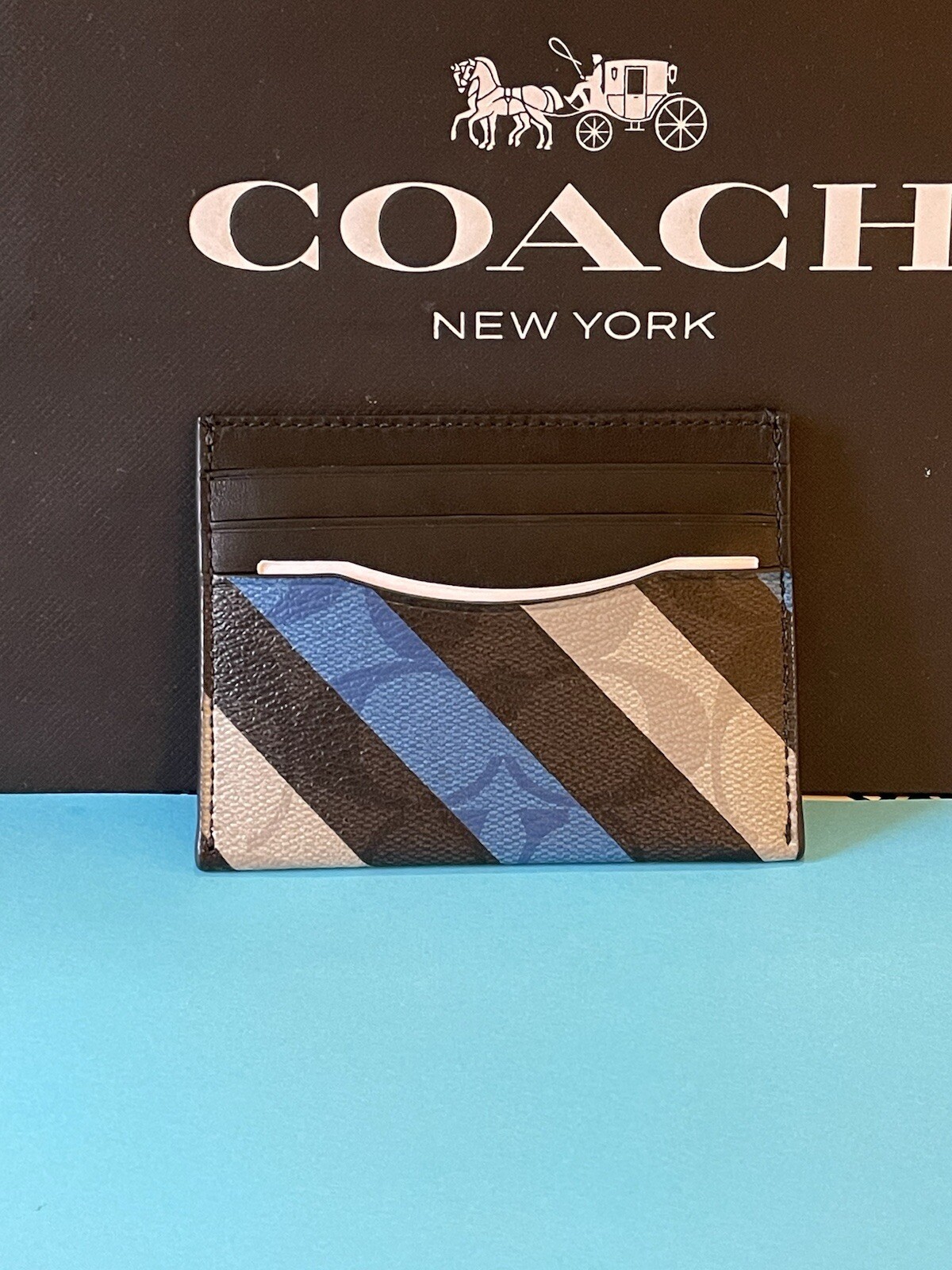 NWT Coach Slim Card Case With Diagonal Stripe Print Blue/Multi