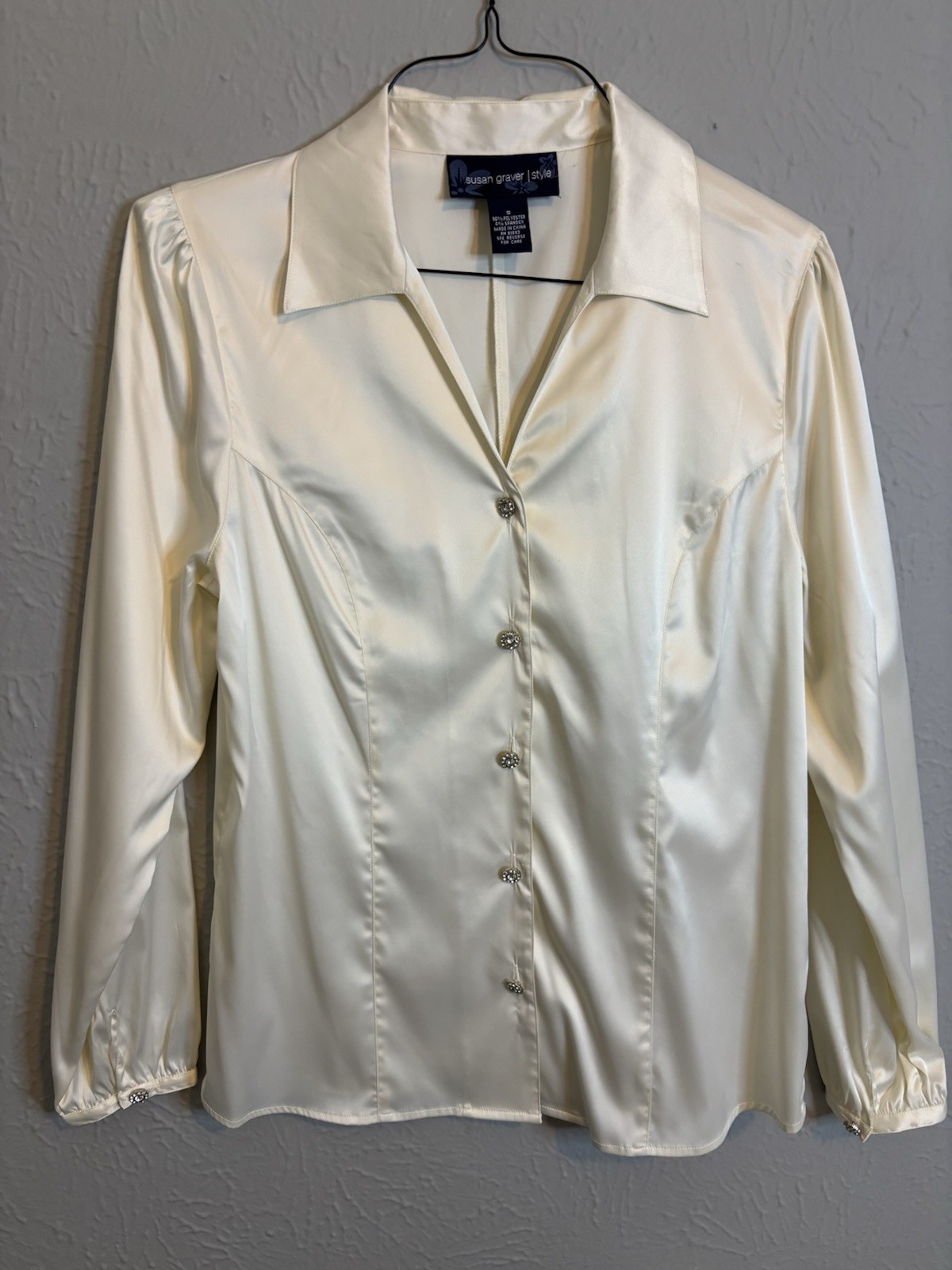 Susan Graver Off White Cream Rhinestone Button Down Long Sleeve Shirt Size L NWT