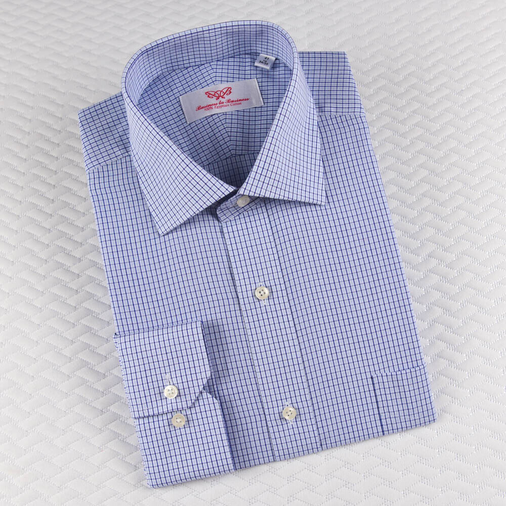 Light Blue Mens Formal Business Dress Shirt Plaids & Checks With Standard Cuff
