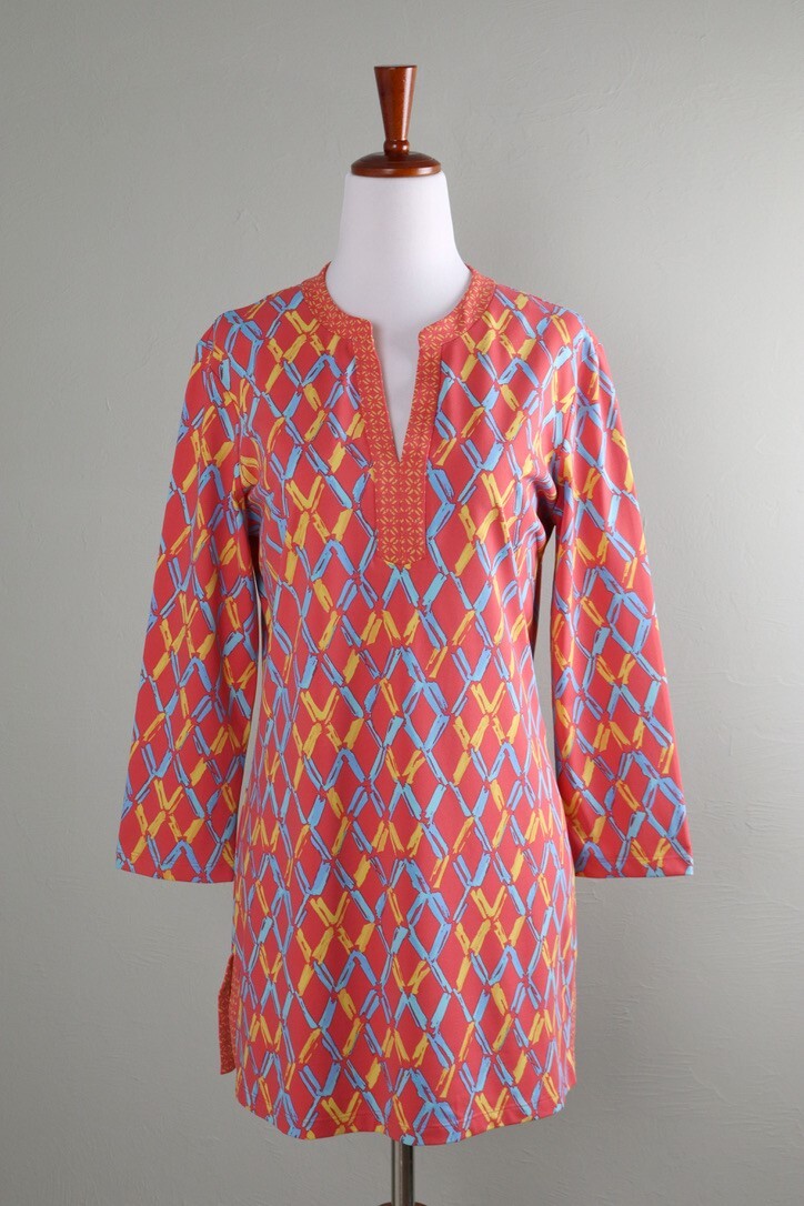 J. MCLAUGHLIN $148 Smooth Stretch Diamond Bamboo Print Tunic Top Size Medium