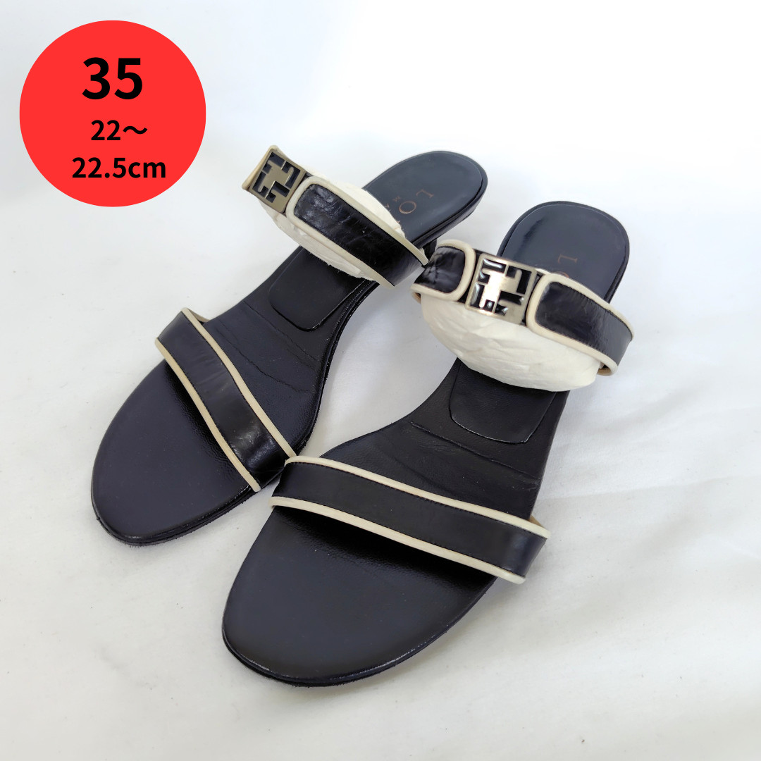 LOEWE Navy White Anagram Monogram Leather Sandals Size 35 EU35 5cm Heel