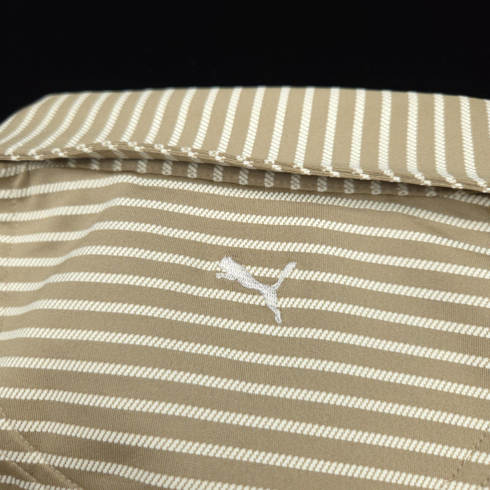 Puma Polo Golf Shirt Mens -M Brown White Performance Stripe Stretch Lisle Smooth