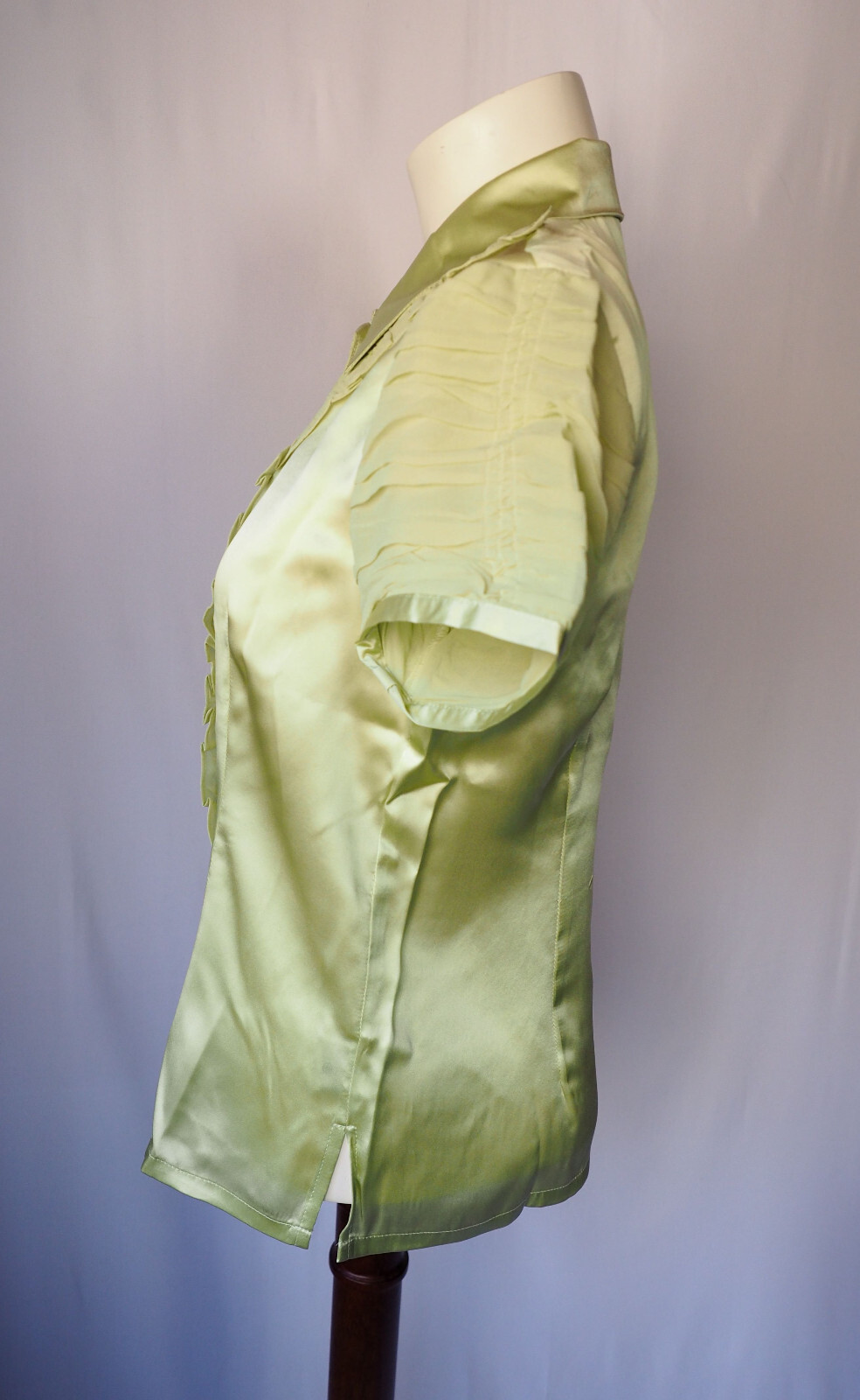 Simply Chloe Dao 100% Silk Satin Blouse Ruched Chiffon Ruffle Chartreuse XS