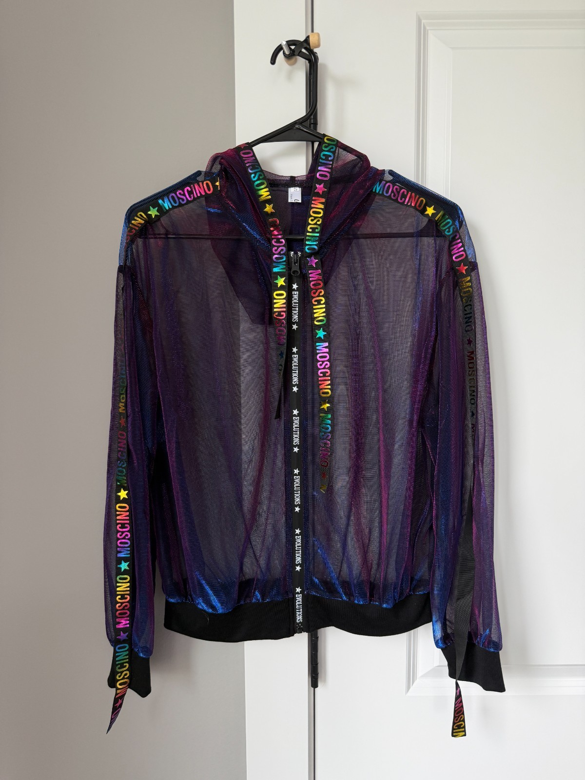 Moschino Women’s Iridescent Mesh Hoodie Navy Full Zip Long Sleeve Jacket Size S