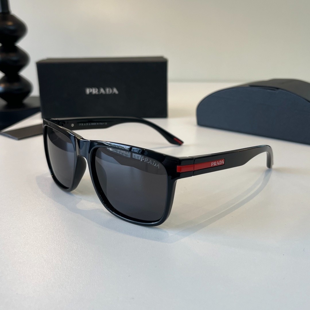 Prada P5113 Sunglasses 57‑18‑140 Black Red Accent Dark Grey Square Men Shades