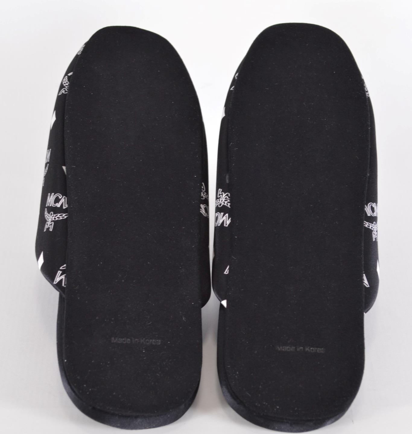 New MCM Men’s Black Silk Visetos Cushioned Slides Room Slippers Size M/L