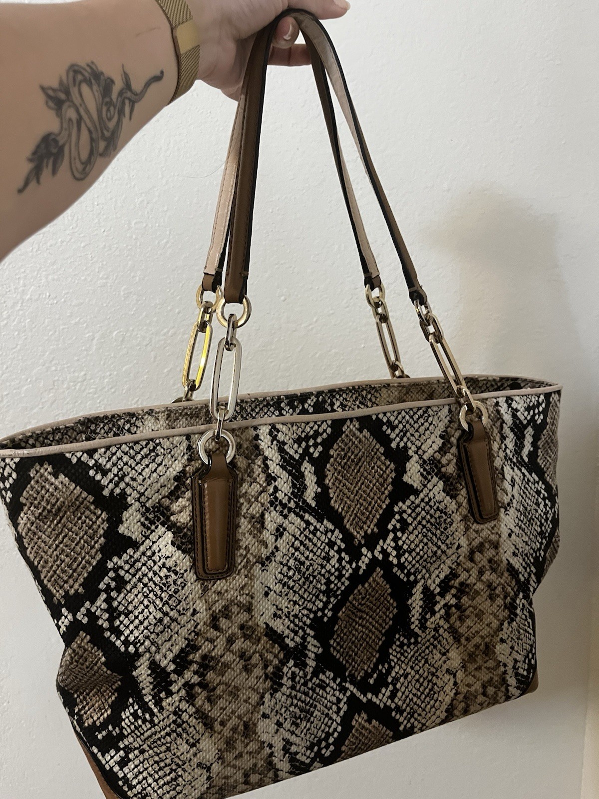 Coach Madison East/West Tote in Python Print Fabric snake skin gold hardware