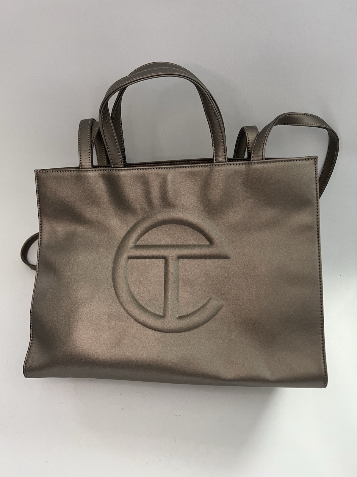 Authentic Telfar Medium Shopping Bag Bronze Metallic Vegan Leather Tote Dust Bag