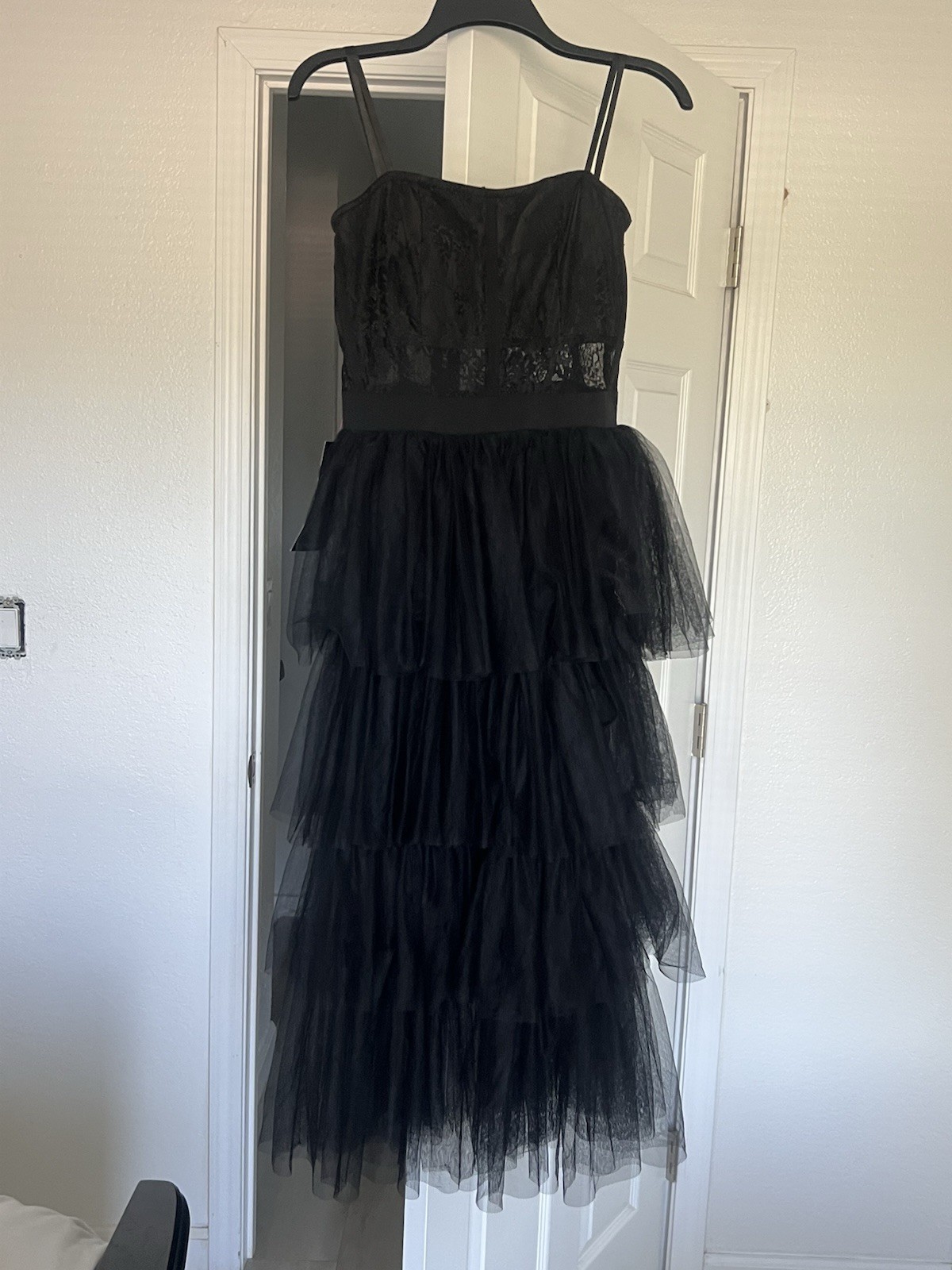 bebe Black Tulle Lace Corset Midi Dress Sweetheart Neckline Size M
