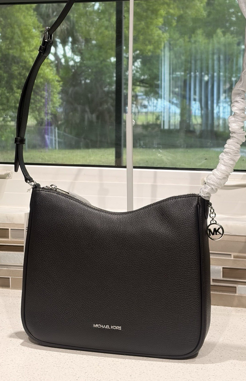 MICHAEL KORS NAYLA MEDIUM ZIP MESSENGER CROSSBODY BAG SHOULDER MK BLACK SILVER