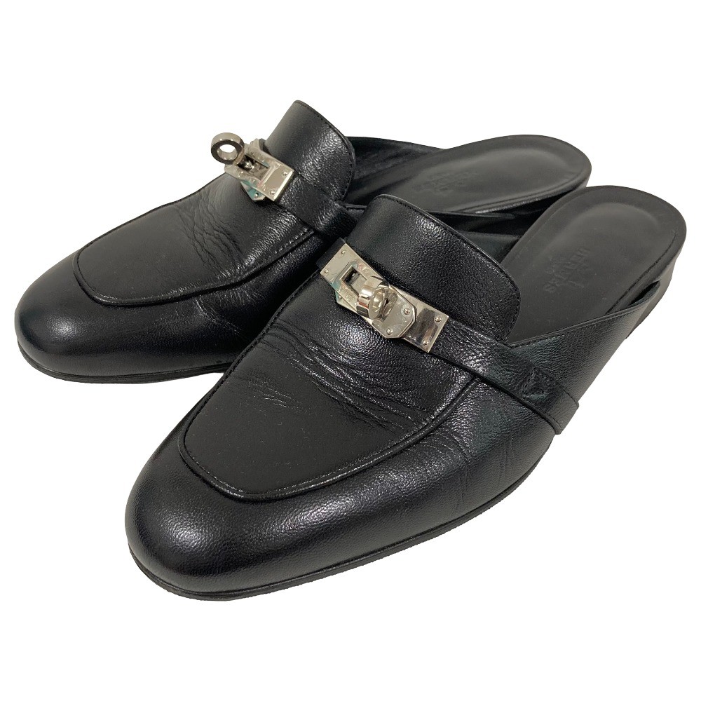 HERMES Oz Kelly Mule Sandals, Size 36 1/2 (Approx. 9.3 inches), Black Women USED