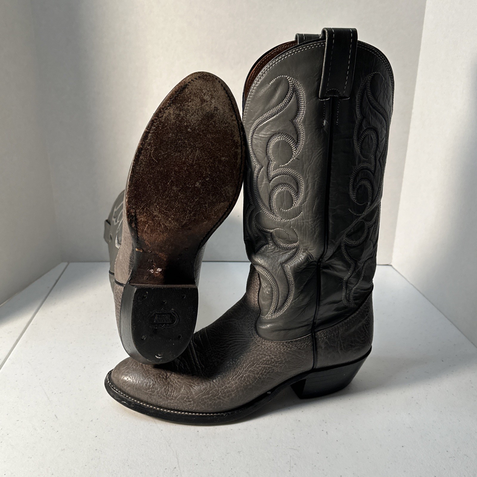 Nocona USA Western 2-tone Bullhide Leather Cowboy Boots Grey Round Toe 7 D