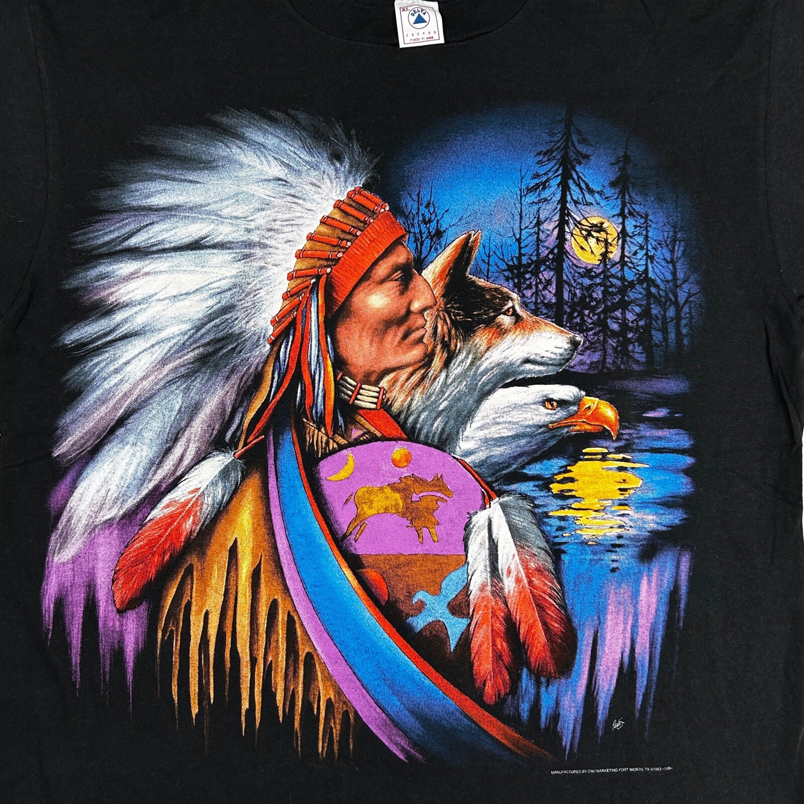 vtg 90s NATIVE AMERICAN MOON BIKER BAR GERMANY T-Shirt XL wolf eagle motorcycle
