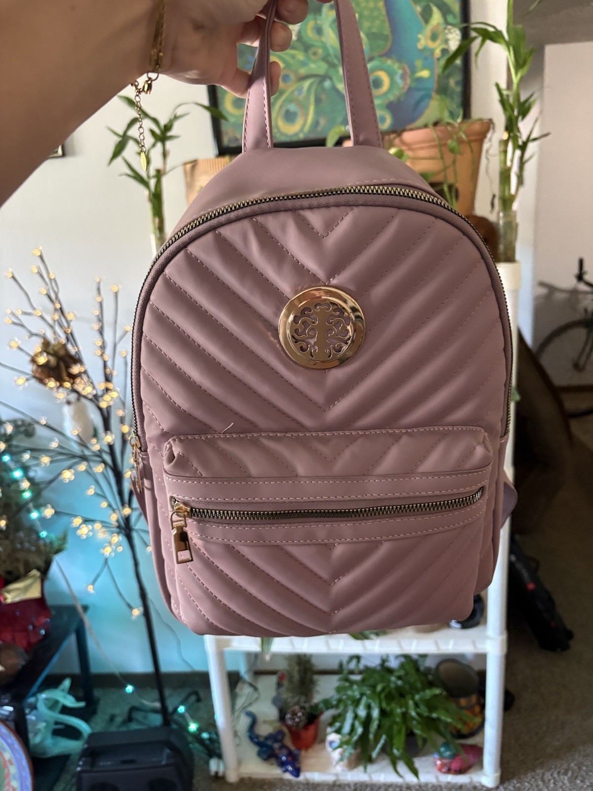 Dust Pink Quilted Backpack Purse Gold Tone Zippers Medium Size Tree Emblem