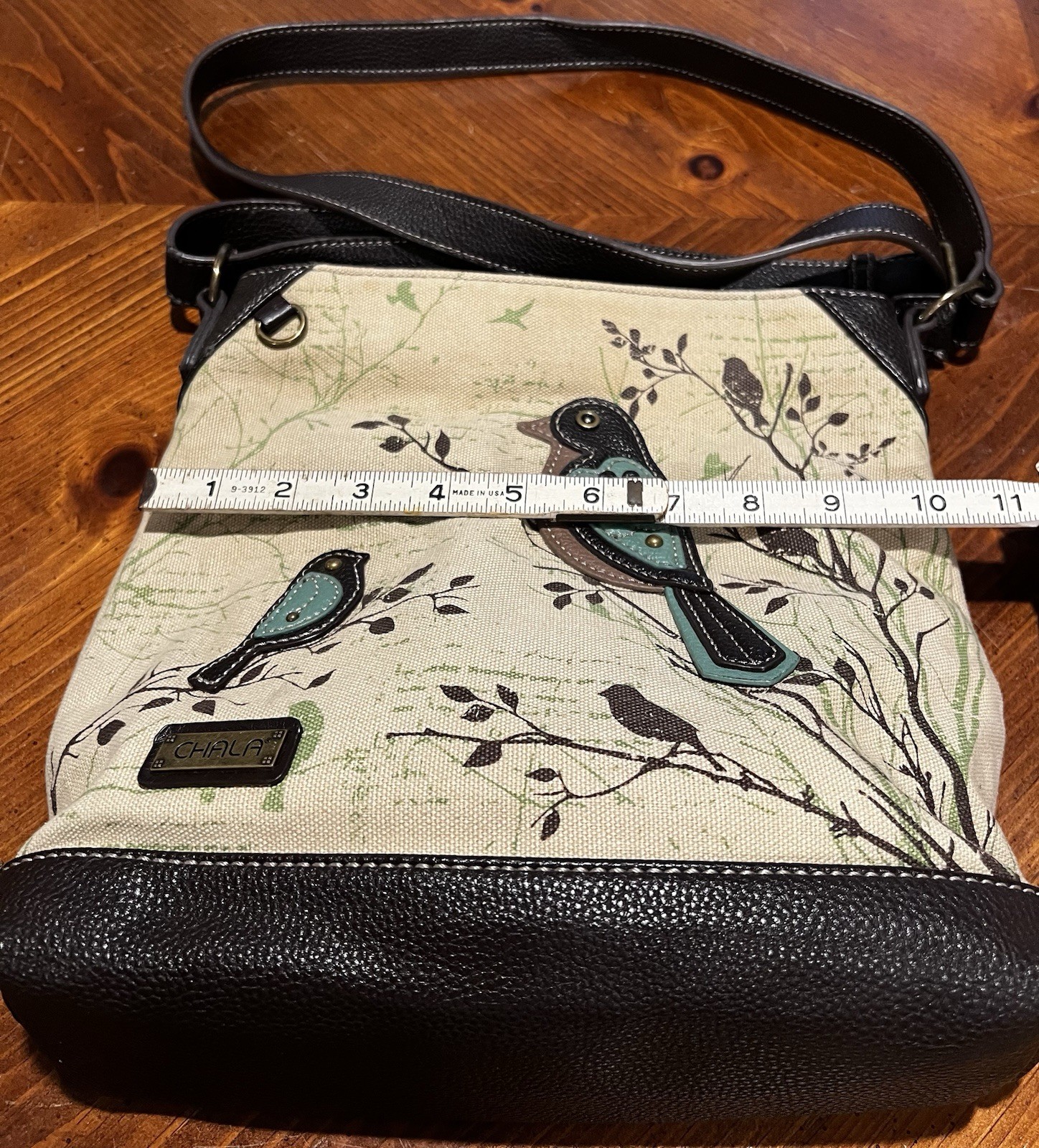 CHALA Bird Applique Crossbody Canvas Bag Zip Closure Beige/Black/Blue/Gold