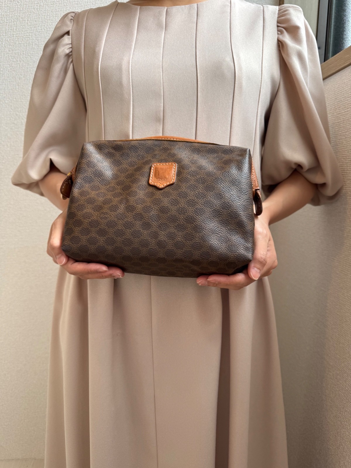 CELINE Macadam PVC Leather Cosmetic Pouch Vanity Brown Gold Auth