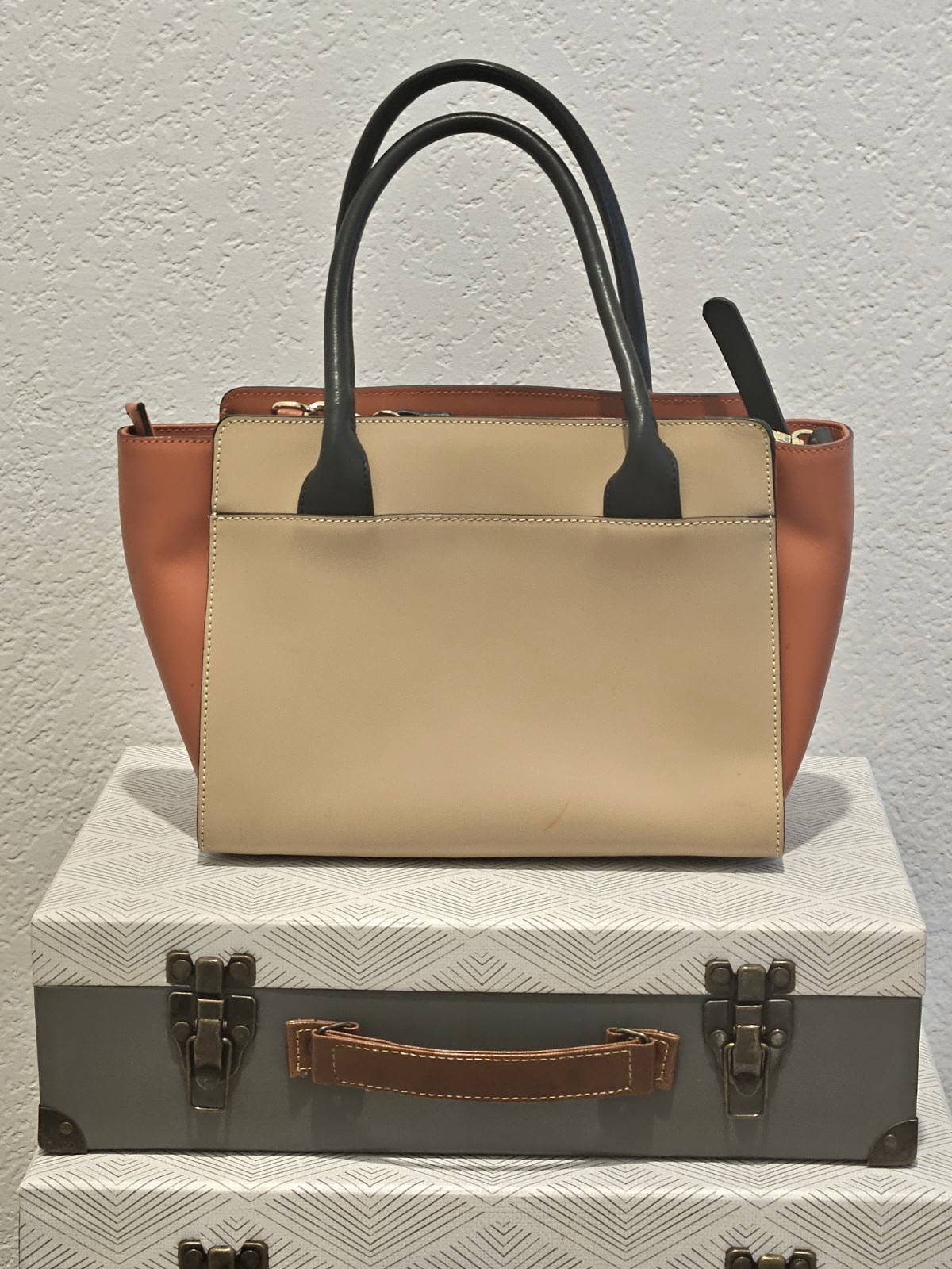 Orange Beige Colorblock Satchel Top Handle Bag Zip Top Detachable Strap Gold HW
