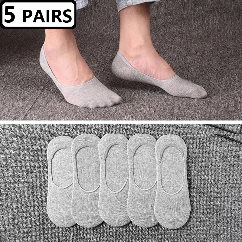 5 Pairs Men Boat Socks Large Summer Non-slip Silicone Invisible No Show Sock