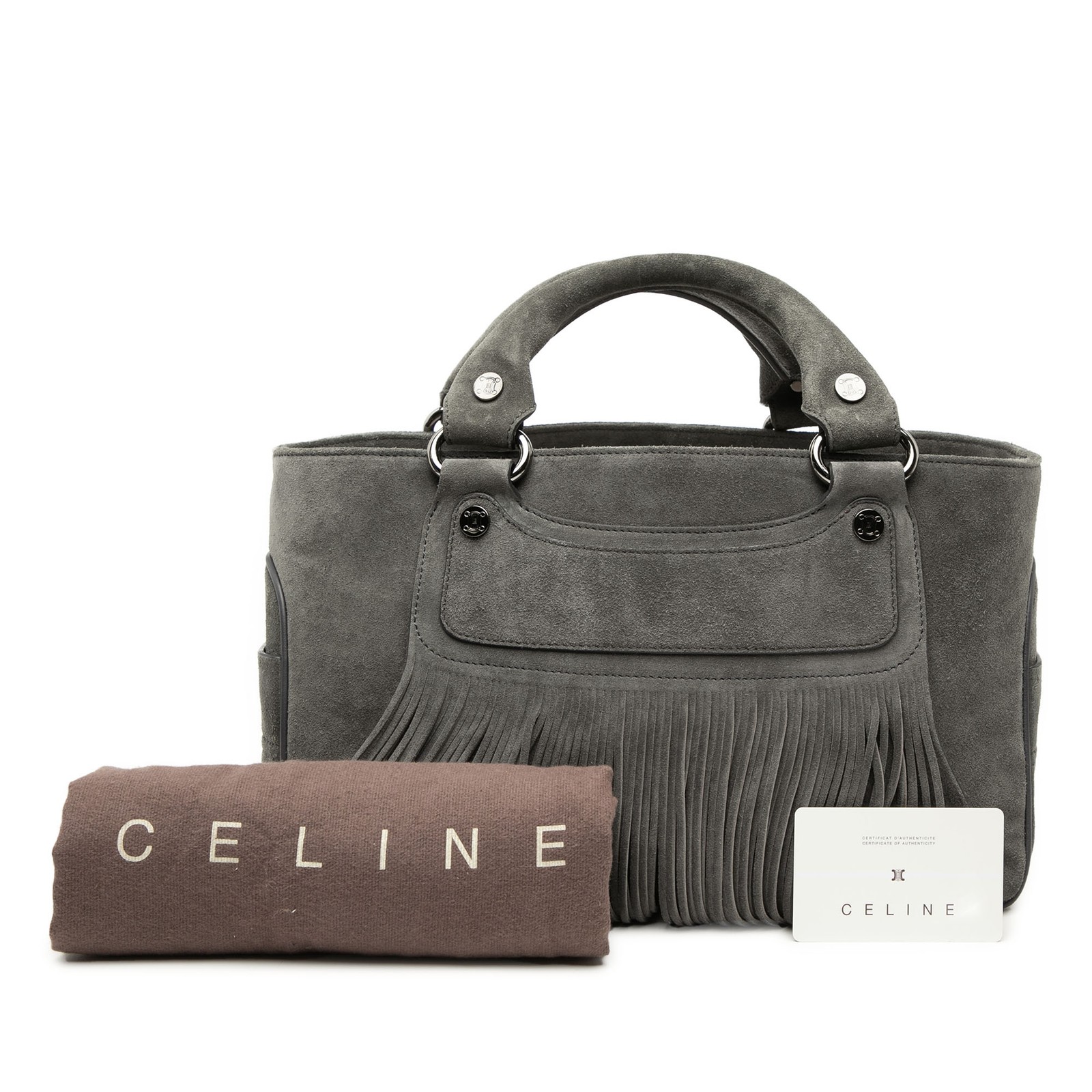 Celine Suede Boogie Fringe Handbag Pre-Loved Bag Gray