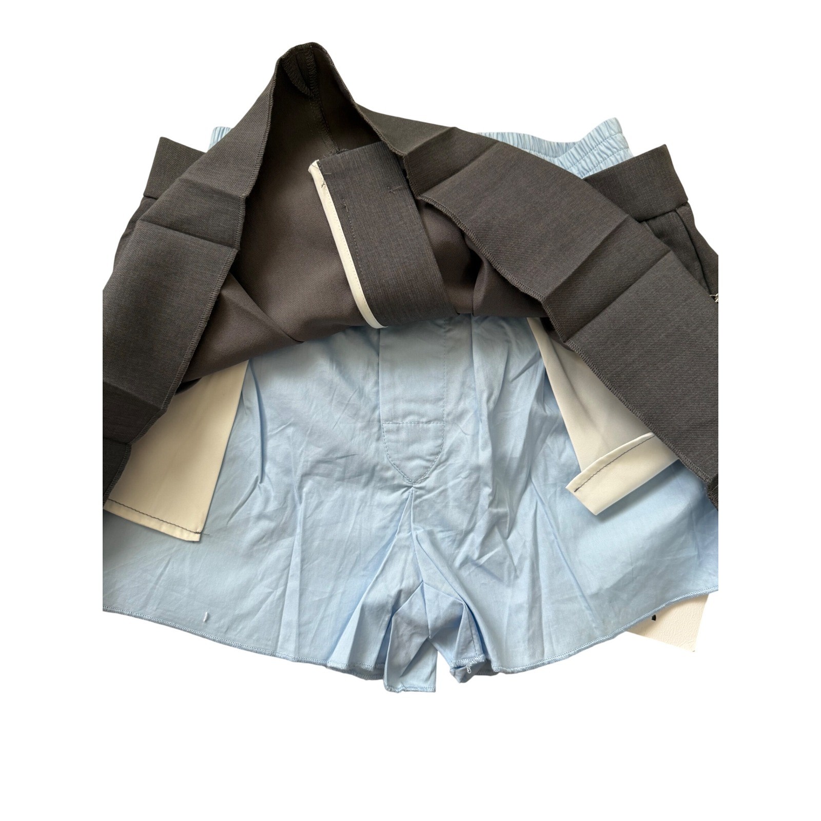 Limaner Wang Inspired Layered Skort Grey Blue Pleated Mini Skirt with Chain S