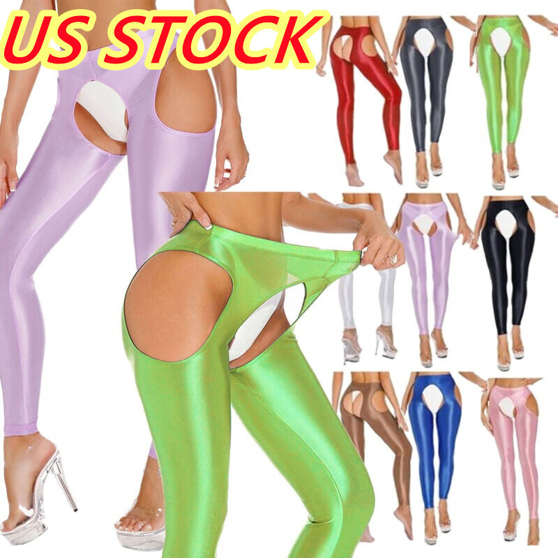 US Womens Glossy Crotchless Tights Pants Stretchy Elastic Fitness Yoga Trousers