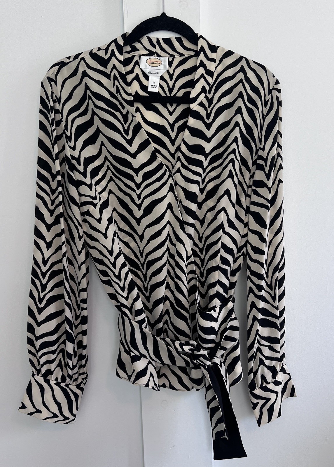 Talbots Women’s Silk Blouse Size 14 Zebra Print Wrap Blouse Top Black Ivory Chic