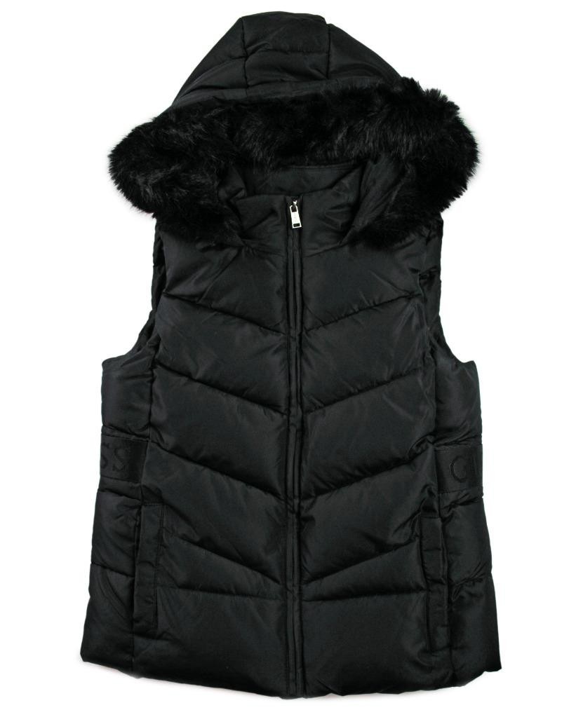 Guess Womens Puffer Vest S Hooded Quilted Insulated Faux Fur Trim Black $99 NEW